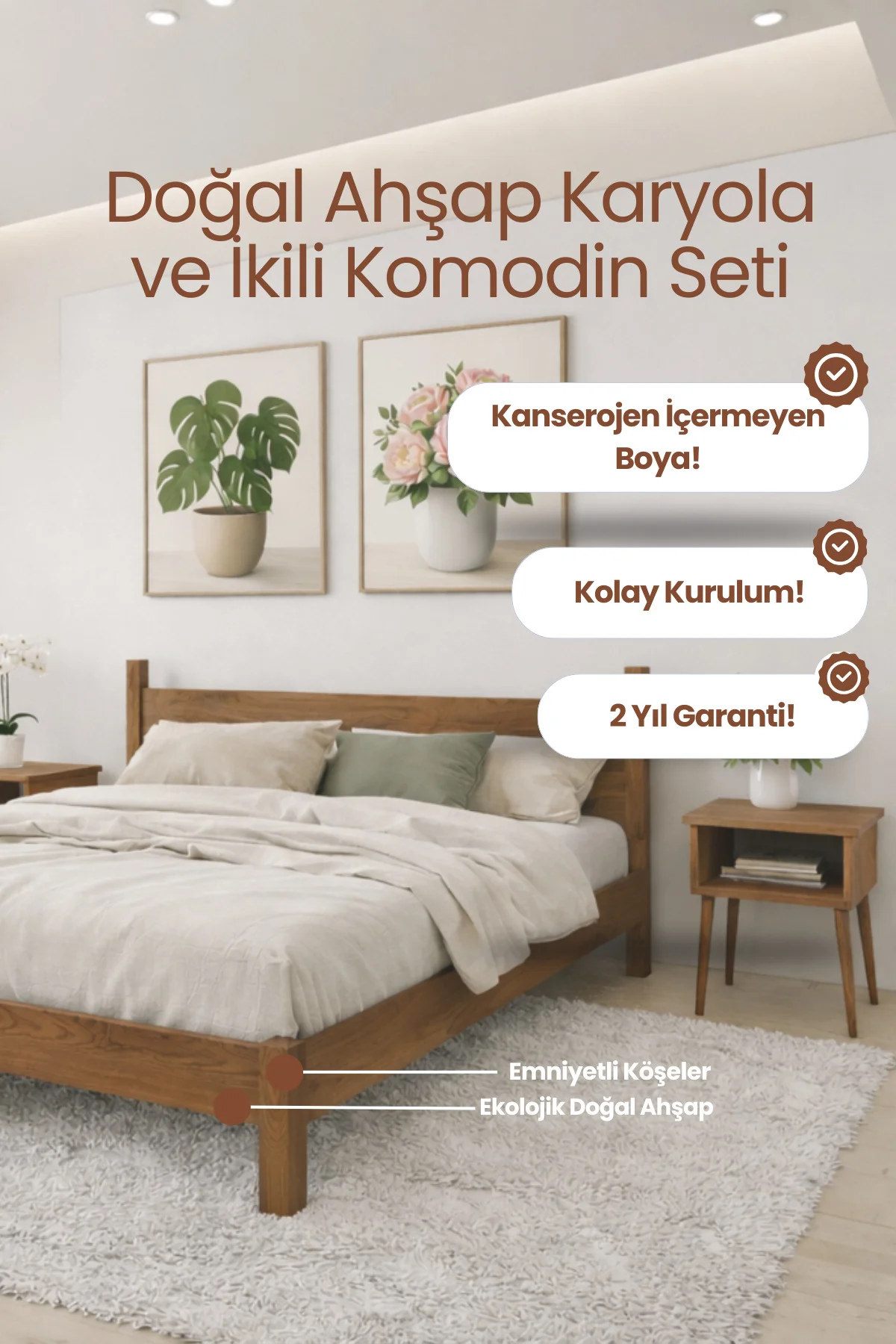 Mirage Model Masif Çam Karyola ve İki Adet Komodin Seti - Doğal Ahşap Yatak Odası Takımı Fiyatı, Yorumları ve Özellikleri