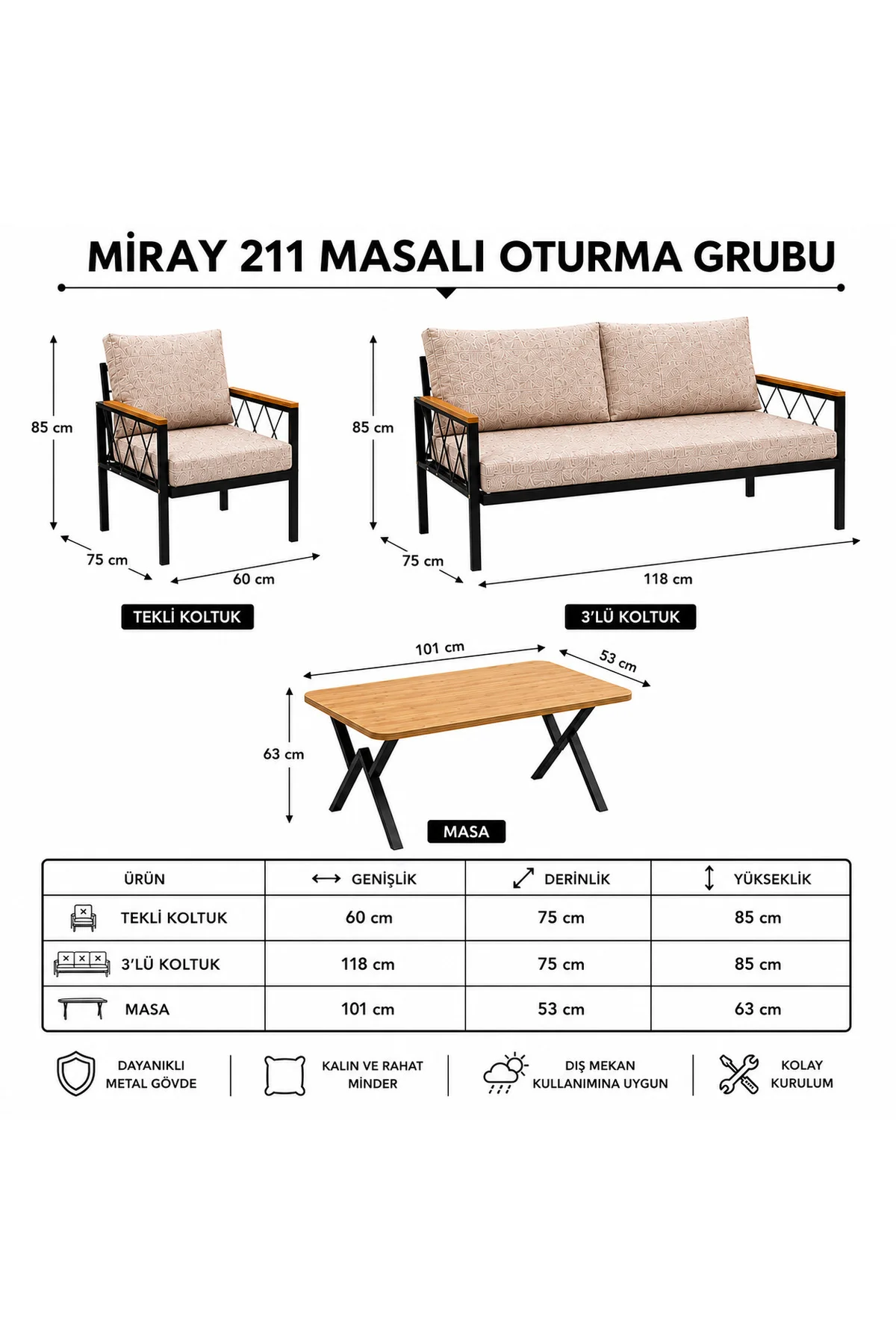 Miray 211 Masalı Kahverengi Balkon Bahçe Oturma Grubu Minderli Metal Bahçe Mobilyası Takımı