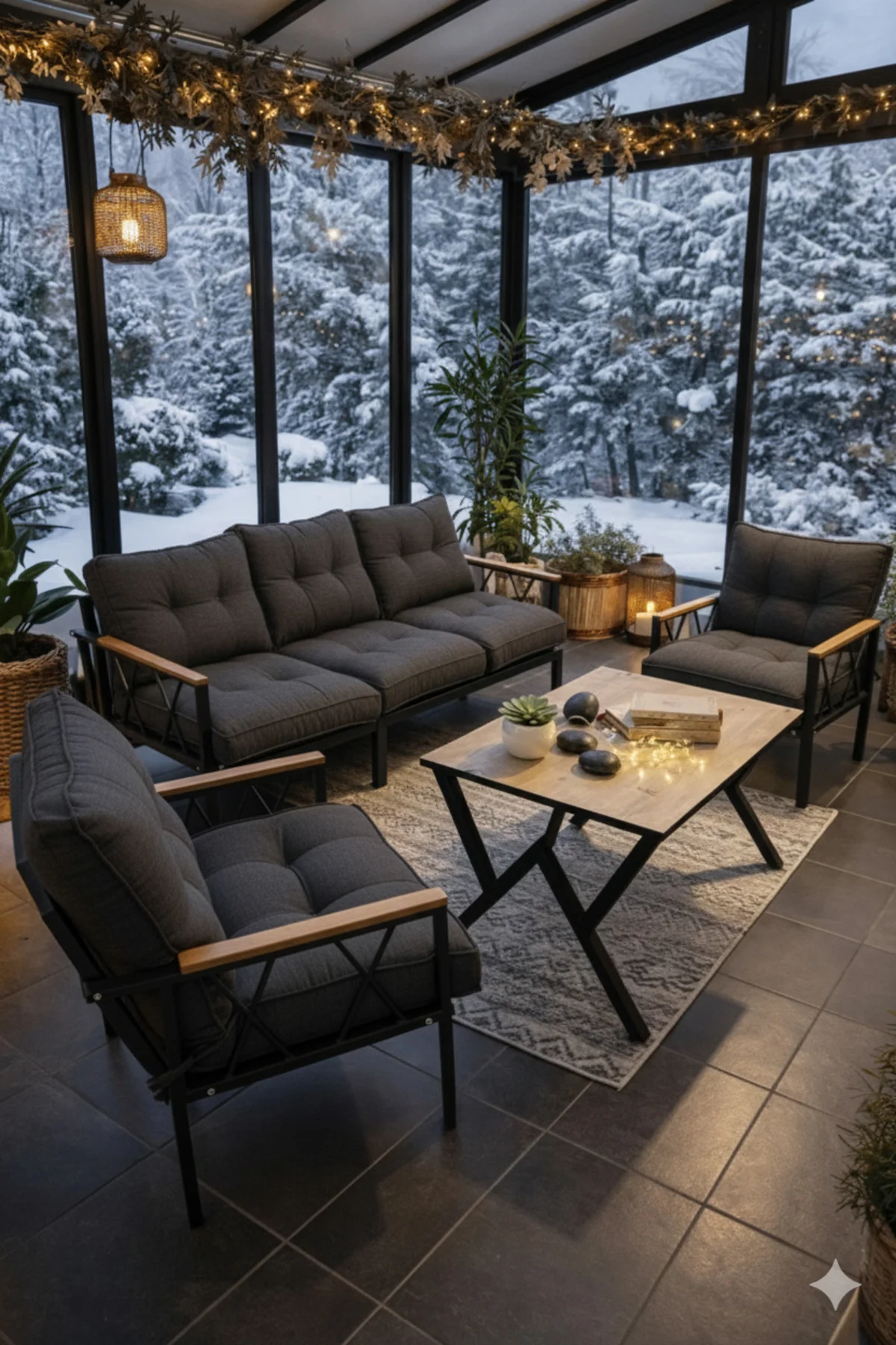 Miray 311 Masalı Antrasit Fermuarlı Bahçe Balkon Takımı, Salon, Teras- Berjer Düğmeli Metal Çay Seti