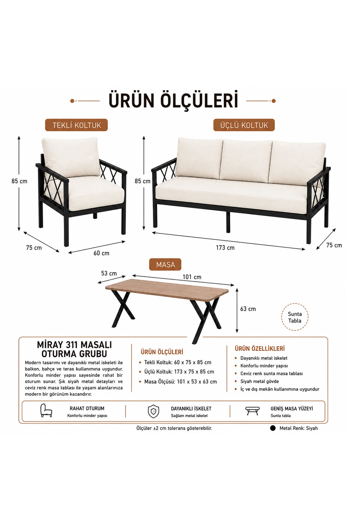 Miray 311 Masalı Balkon Bahçe Oturma Grubu Minderli Metal Bahçe Mobilyası Takımı Bej