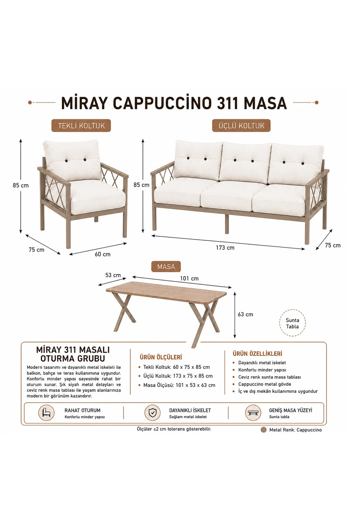 MİRAY Cappuccino 311 Masalı Bahçe & Balkon Oturma Grubu – 3+1+1 Metal İskelet,Kahverengi Minderli Fiyatı, Yorumları ve Özellikleri