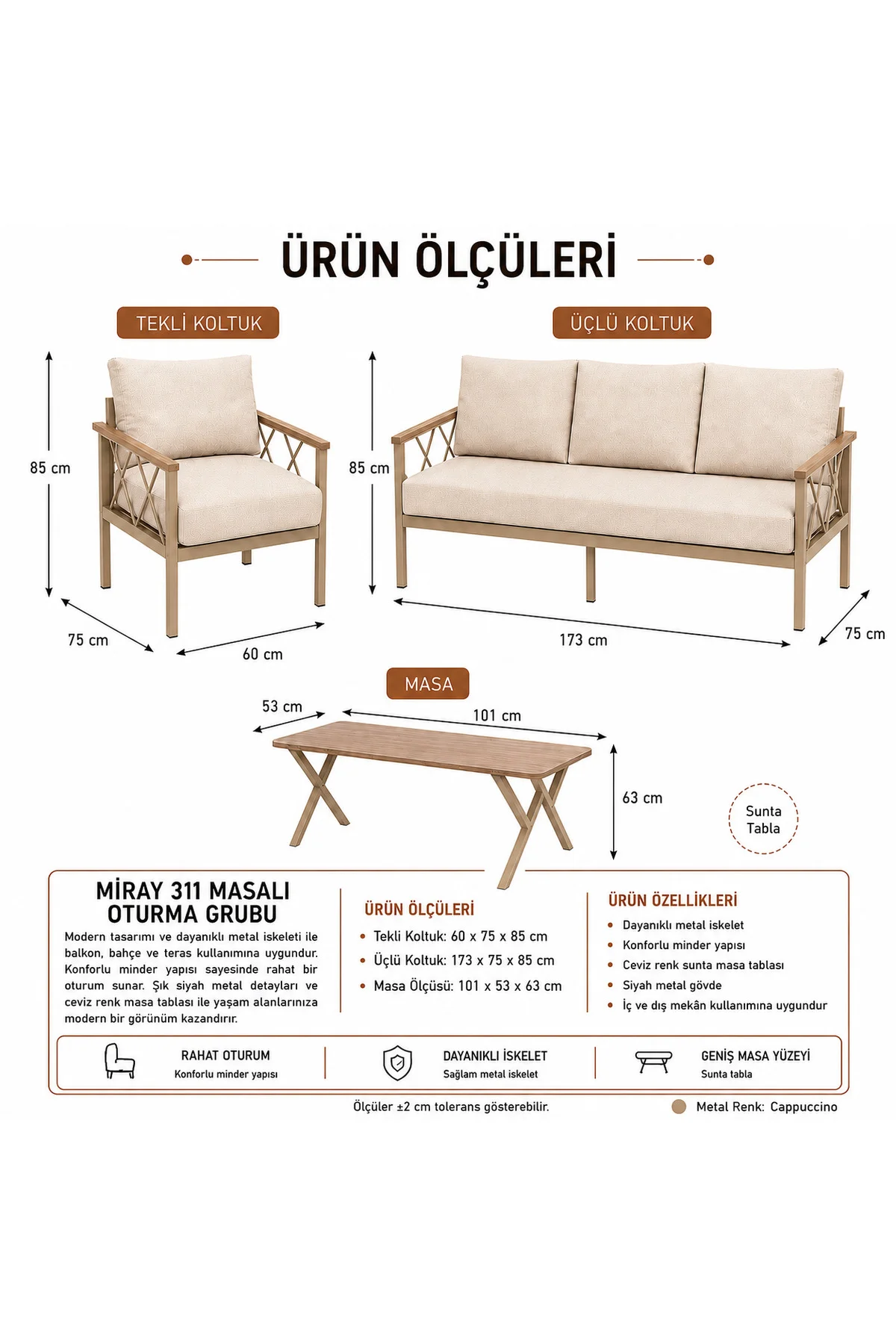 Miray Cappuccino Metal 311 Masalı Gri Balkon Bahçe Oturma Grubu Minderli Metal Bahçe Mobilyası Takımı
