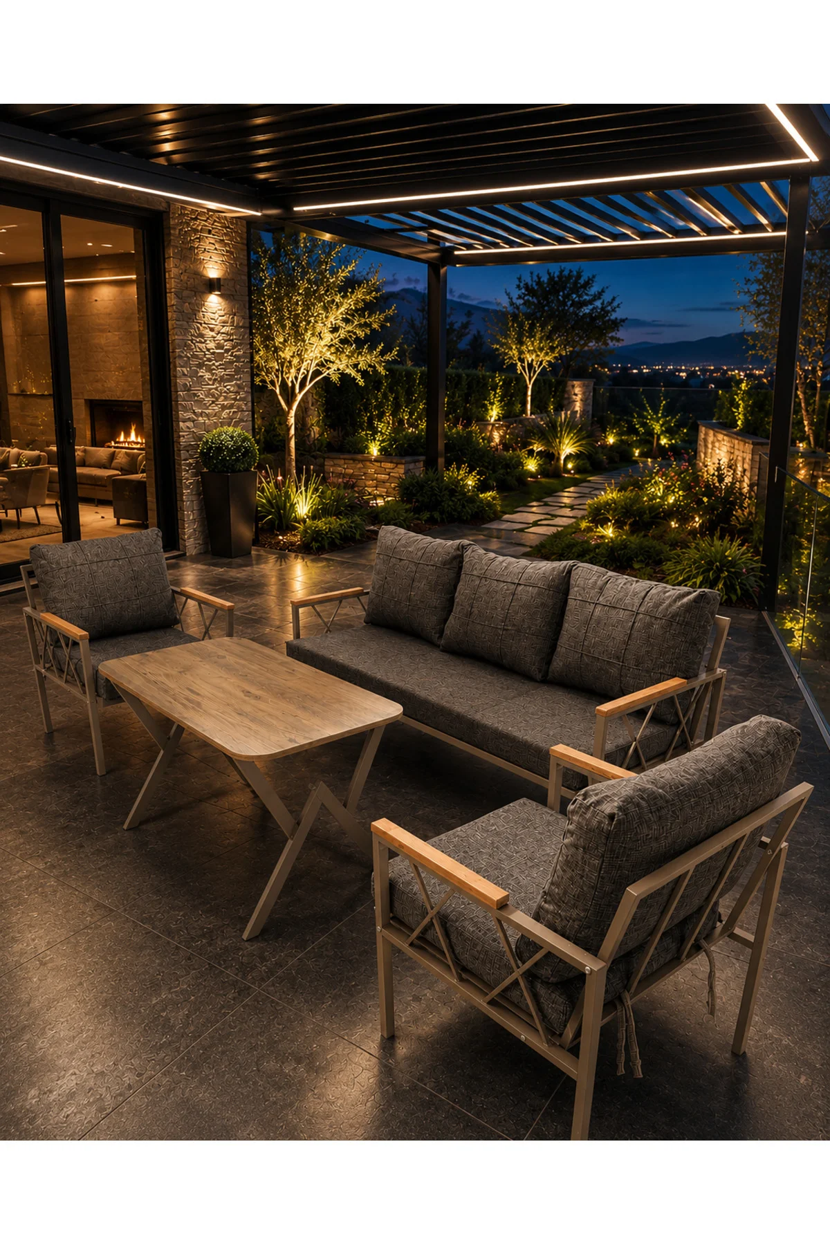 Miray Cappuccino Metal 311 Masalı Gri Balkon Bahçe Oturma Grubu Minderli Metal Bahçe Mobilyası Takımı