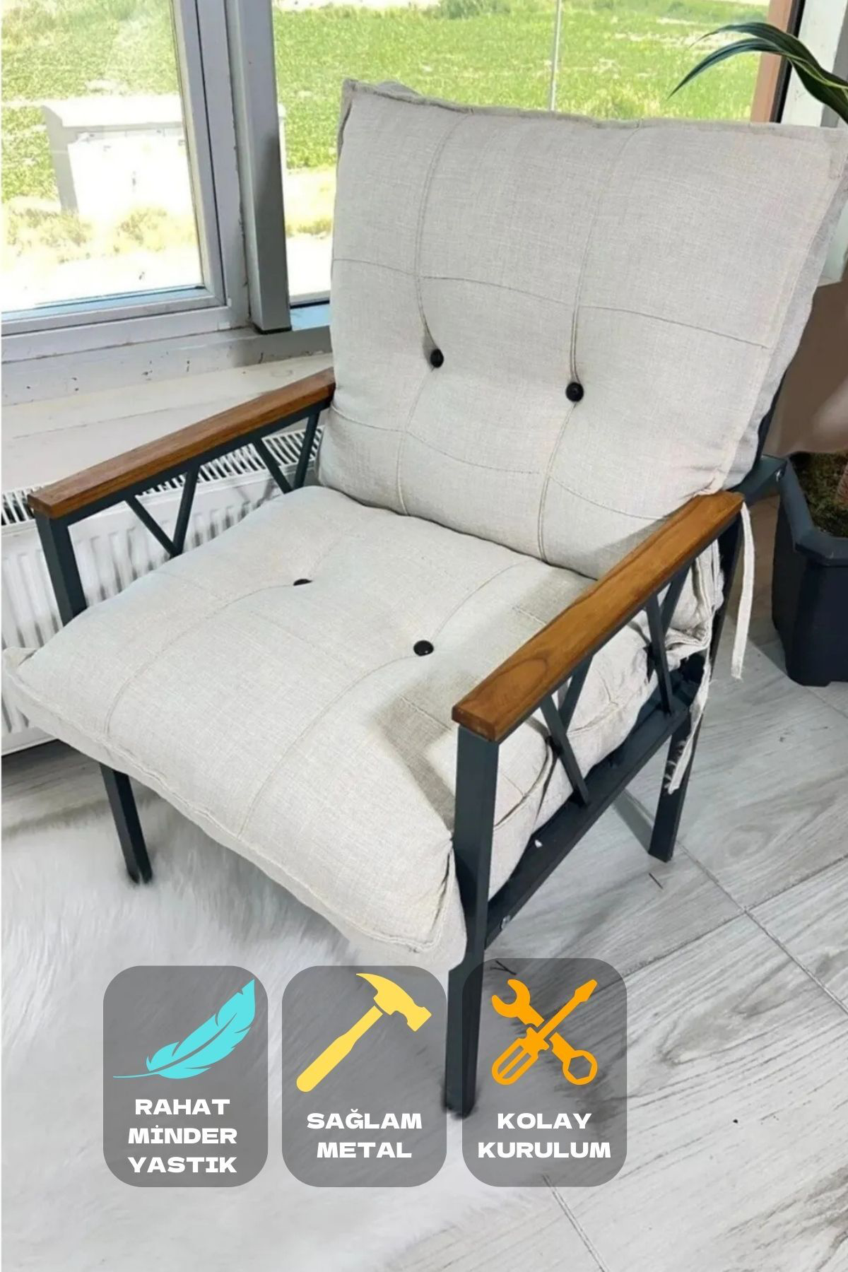 Miray Düğmeli Krem Tekli Koltuk Fermuarlı Keten Kumaş, Modern Kon