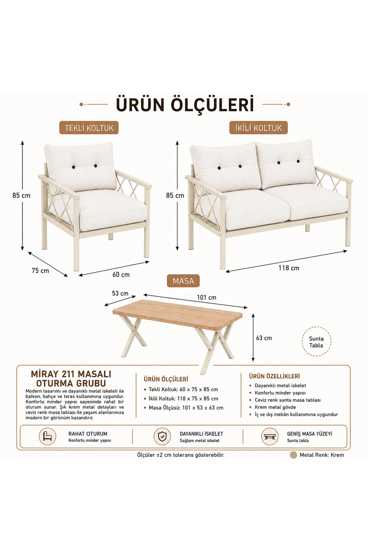 Miray Krem 211 Masalı Gri Fermuarlı Düğmeli Bahçe Oturma Grubu Ba