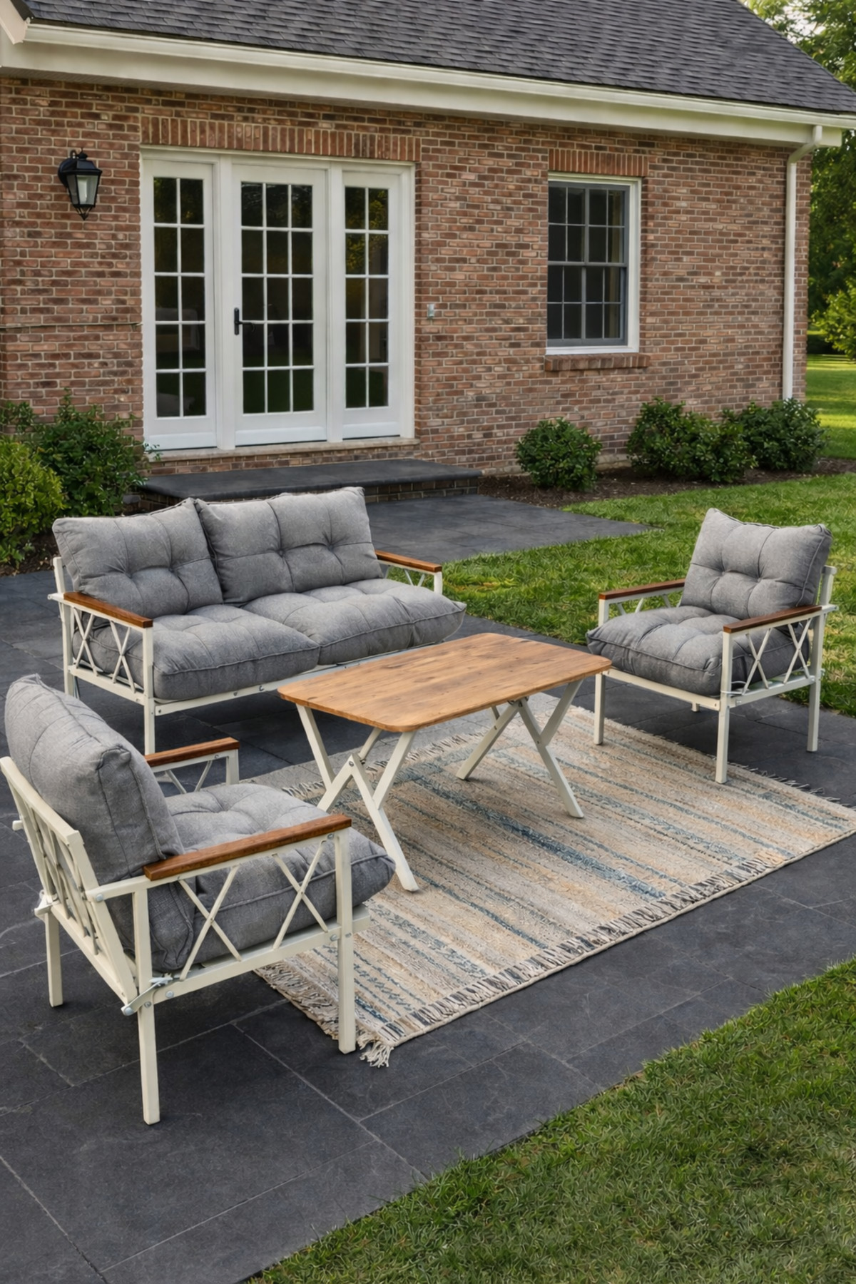 Miray Krem 211 Masalı Gri Fermuarlı Düğmeli Bahçe Oturma Grubu Ba