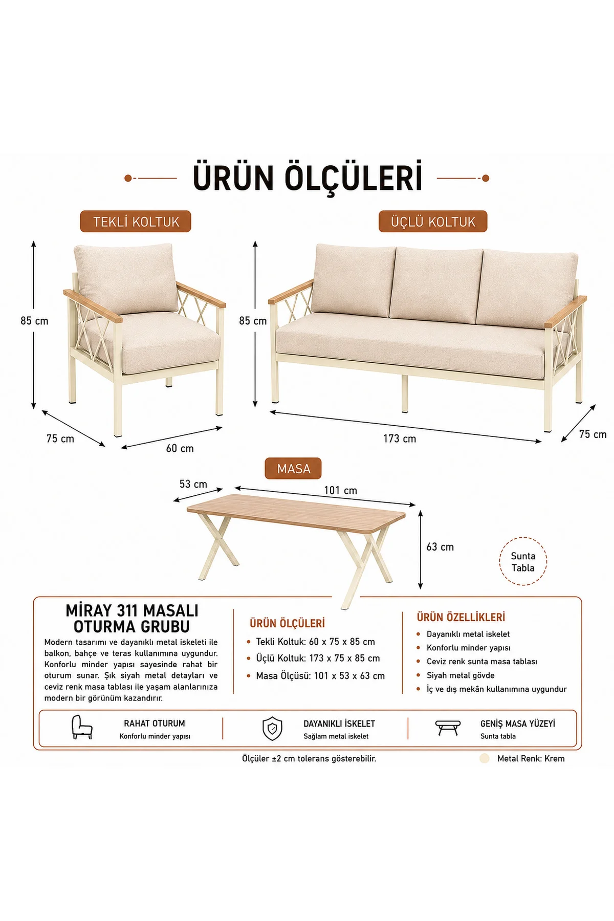 Miray Krem Metal 311 Masalı Kahverengi Balkon Bahçe Oturma Grubu Minderli Metal Bahçe Mobilyası Takımı