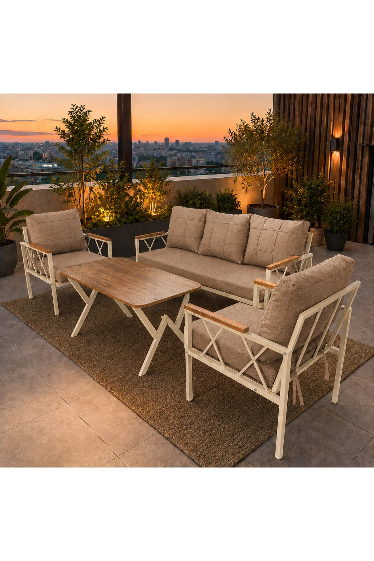 Miray Krem Metal 311 Masalı Kahverengi Balkon Bahçe Oturma Grubu Minderli Metal Bahçe Mobilyası Takımı