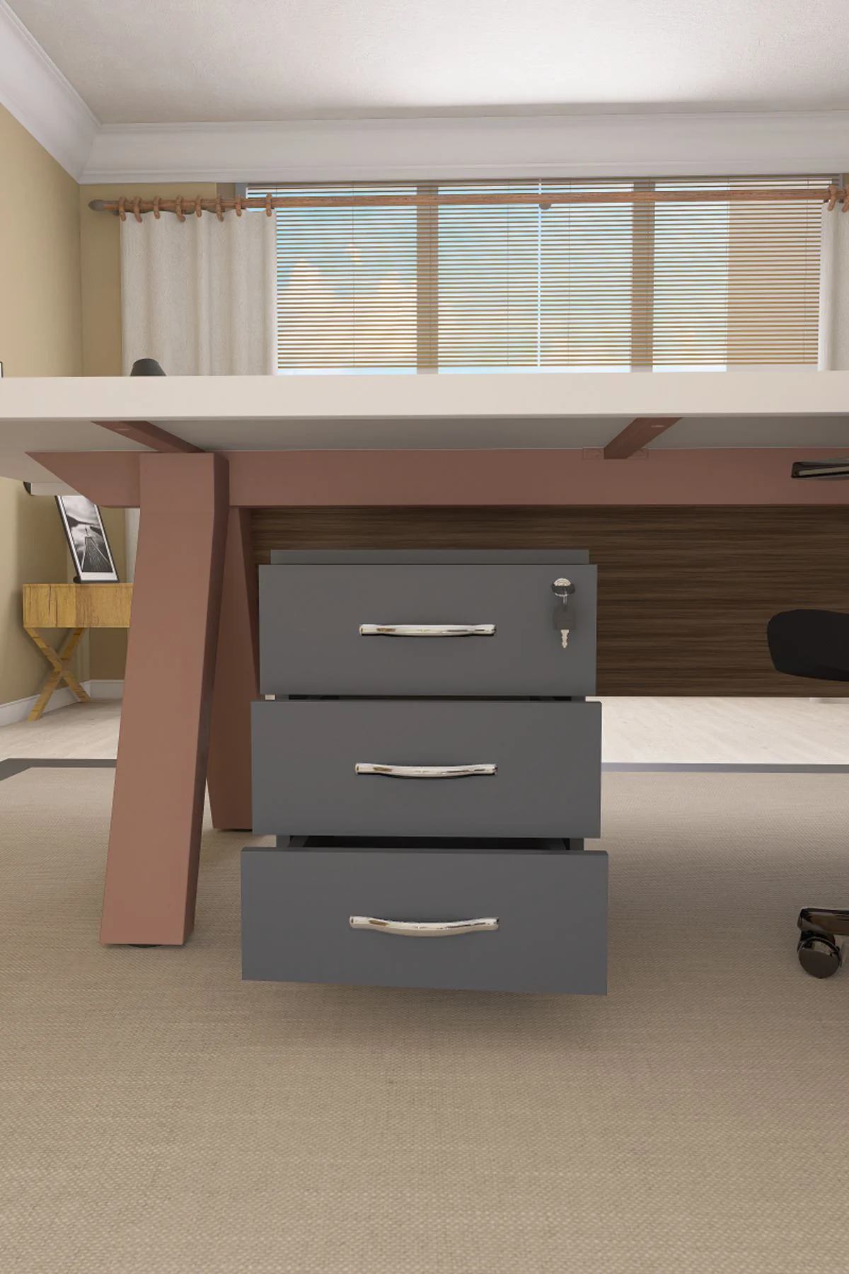 Mirello 3 Çekmeceli, Kilitli, Tekerlekli Masa Altı Keson Antrasit