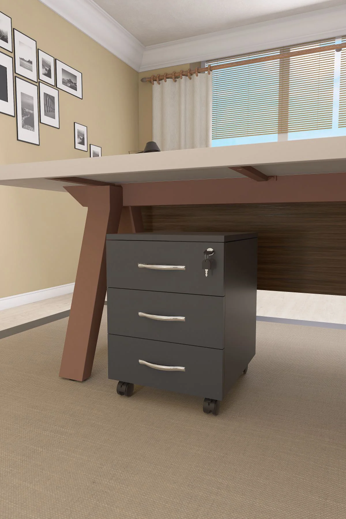 Mirello 3 Çekmeceli, Kilitli, Tekerlekli Masa Altı Keson Antrasit