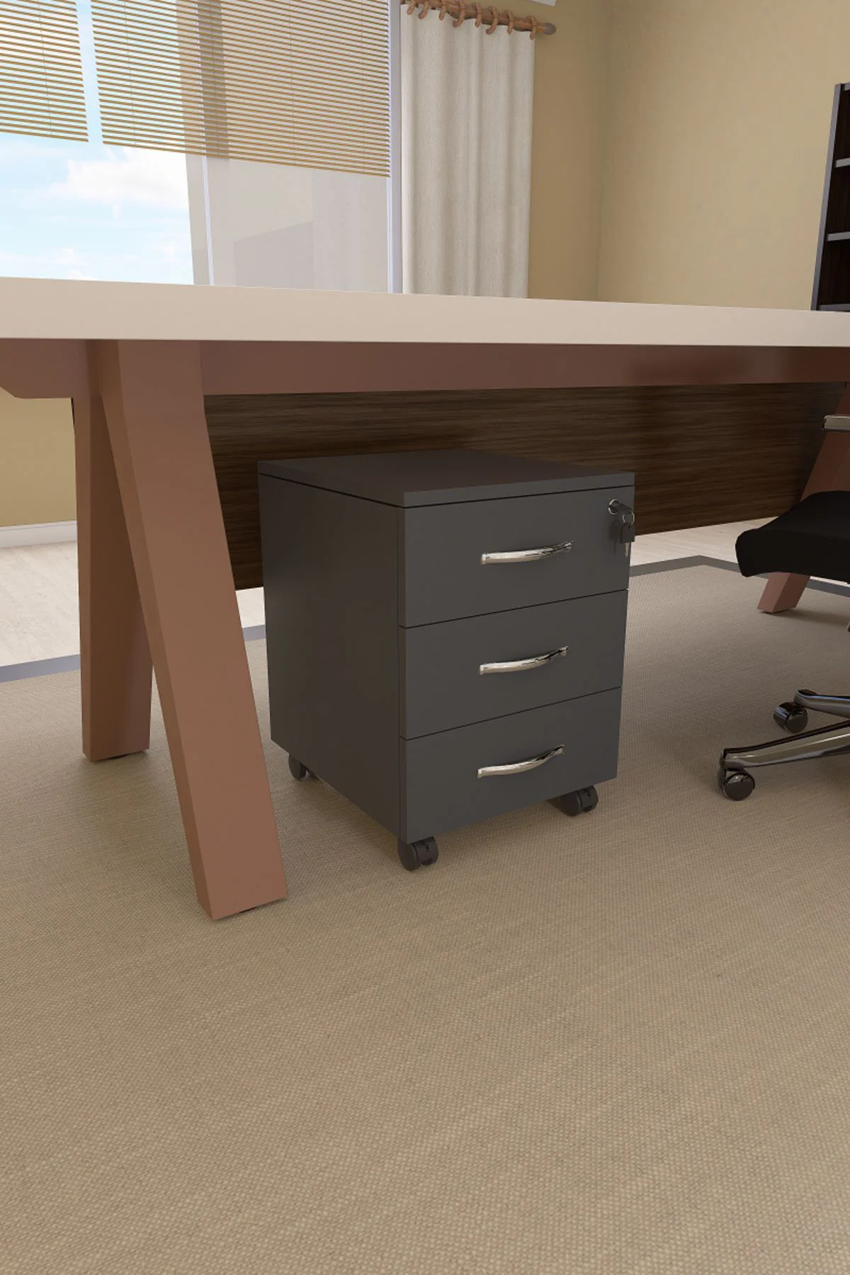 Mirello 3 Çekmeceli, Kilitli, Tekerlekli Masa Altı Keson Antrasit