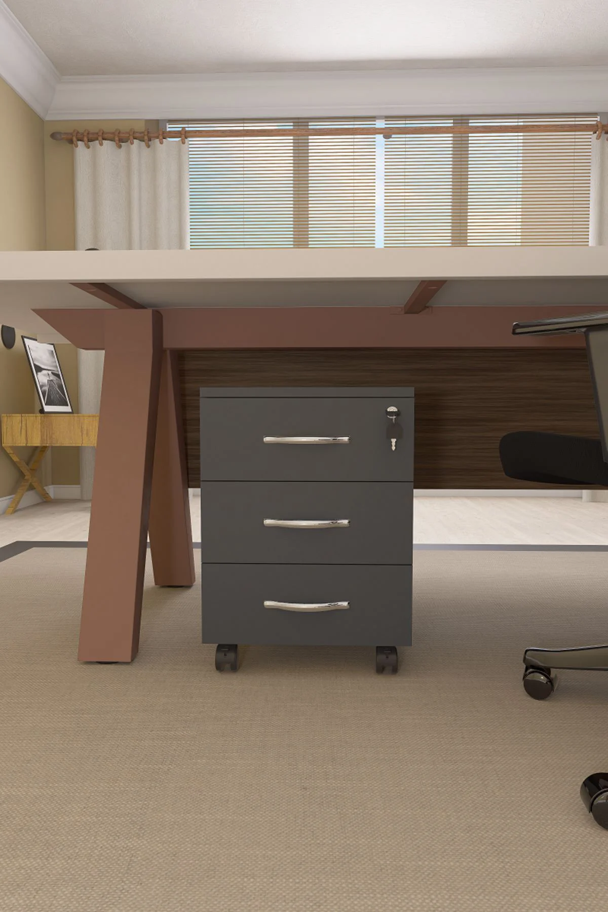 Mirello 3 Çekmeceli, Kilitli, Tekerlekli Masa Altı Keson Antrasit