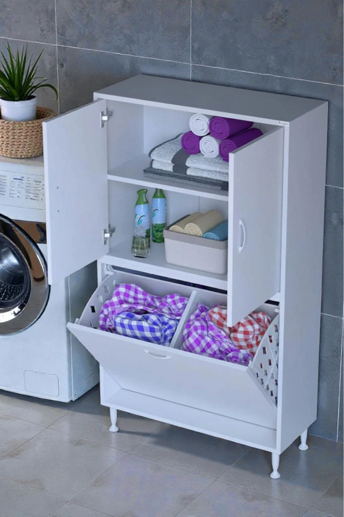 Miretta Üst Bölme Kapaklı Altı Kirli Sepetli Dolap 75 cm Genişlik