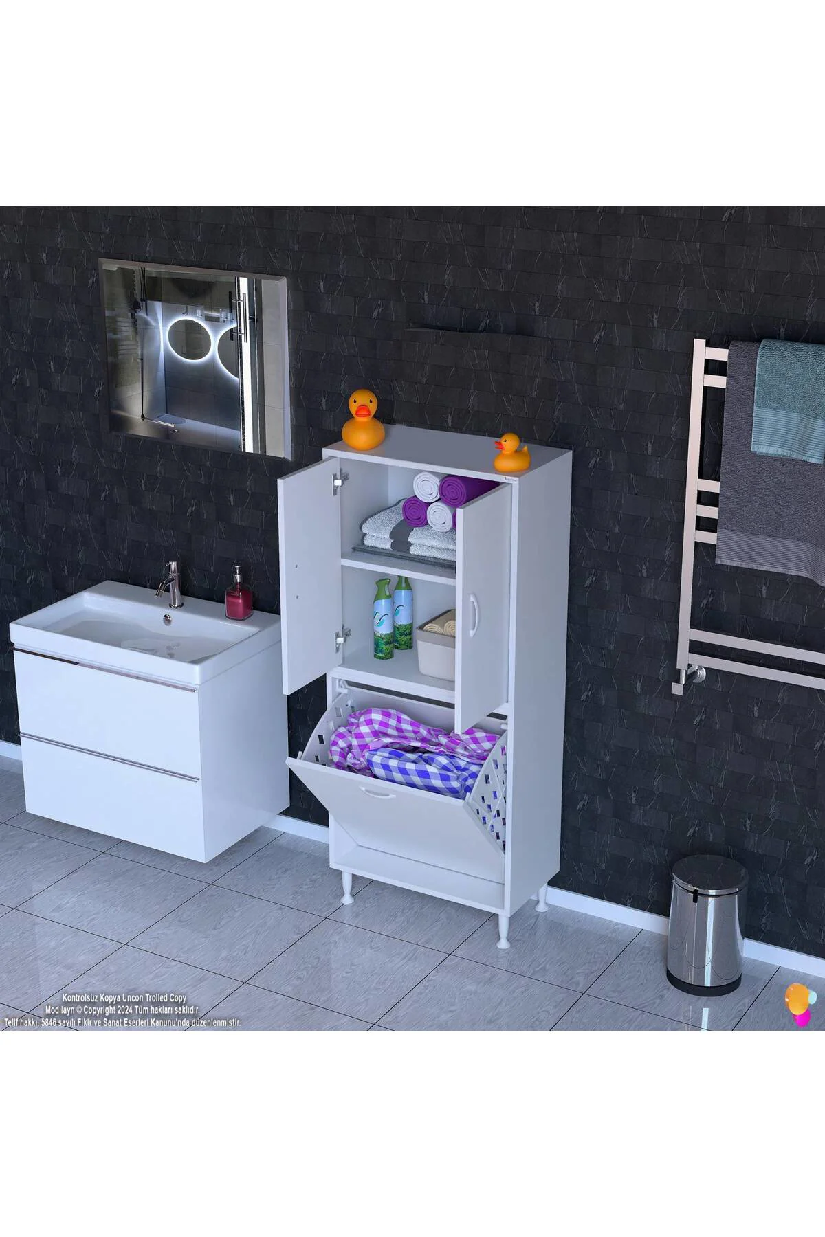 Miretta Üst Bölme Kapaklı Altı Kirli Sepetli Dolap 65 cm Genişlik