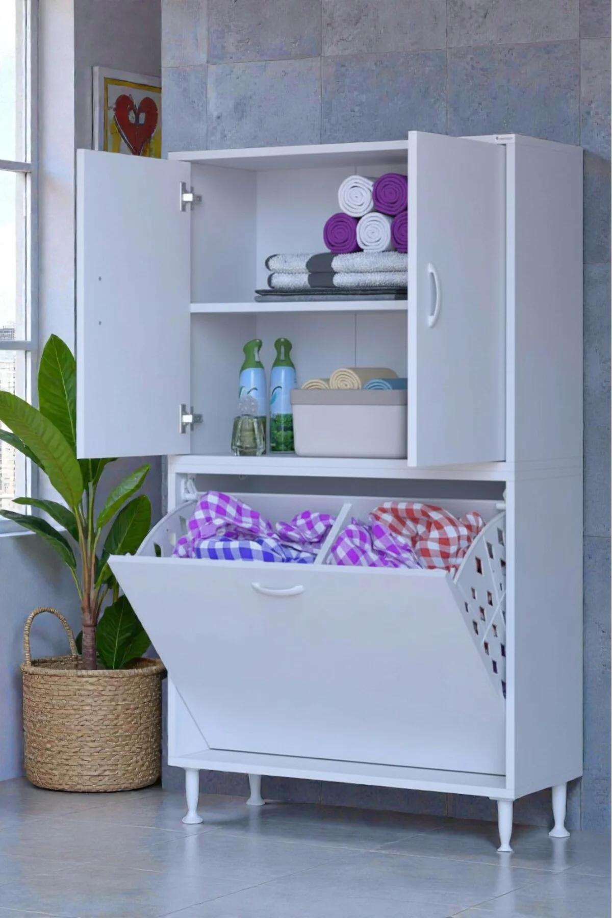 Miretta Üst Bölme Kapaklı Altı Kirli Sepetli Dolap 70 cm Genişlik