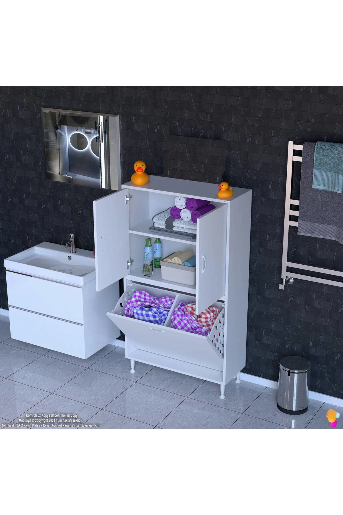 Miretta Üst Bölme Kapaklı Altı Kirli Sepetli Dolap 85 cm Genişlik