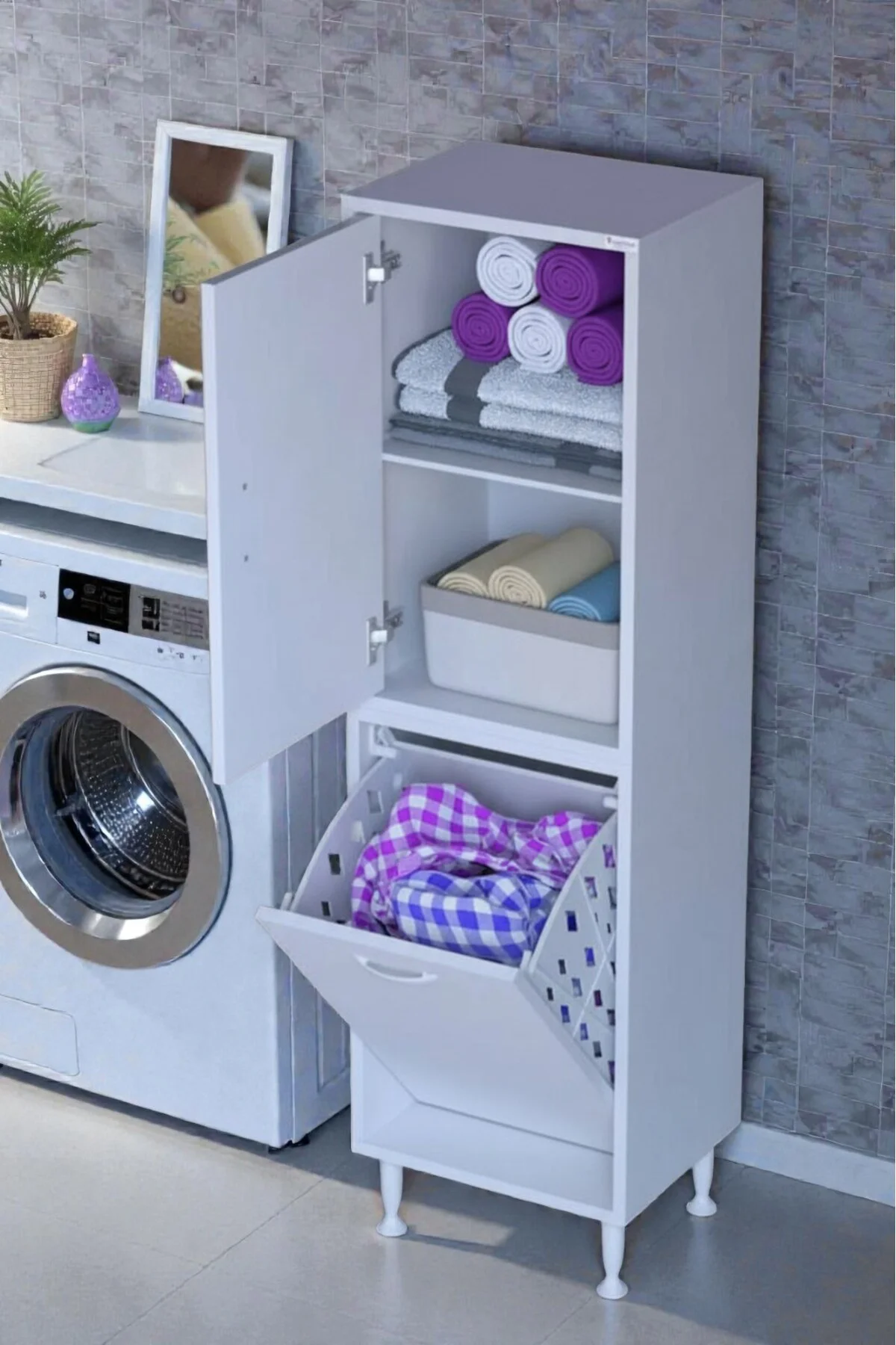 Miretta Üst Bölme Kapaklı Altı Kirli Sepetli Dolap 45 cm Genişlik