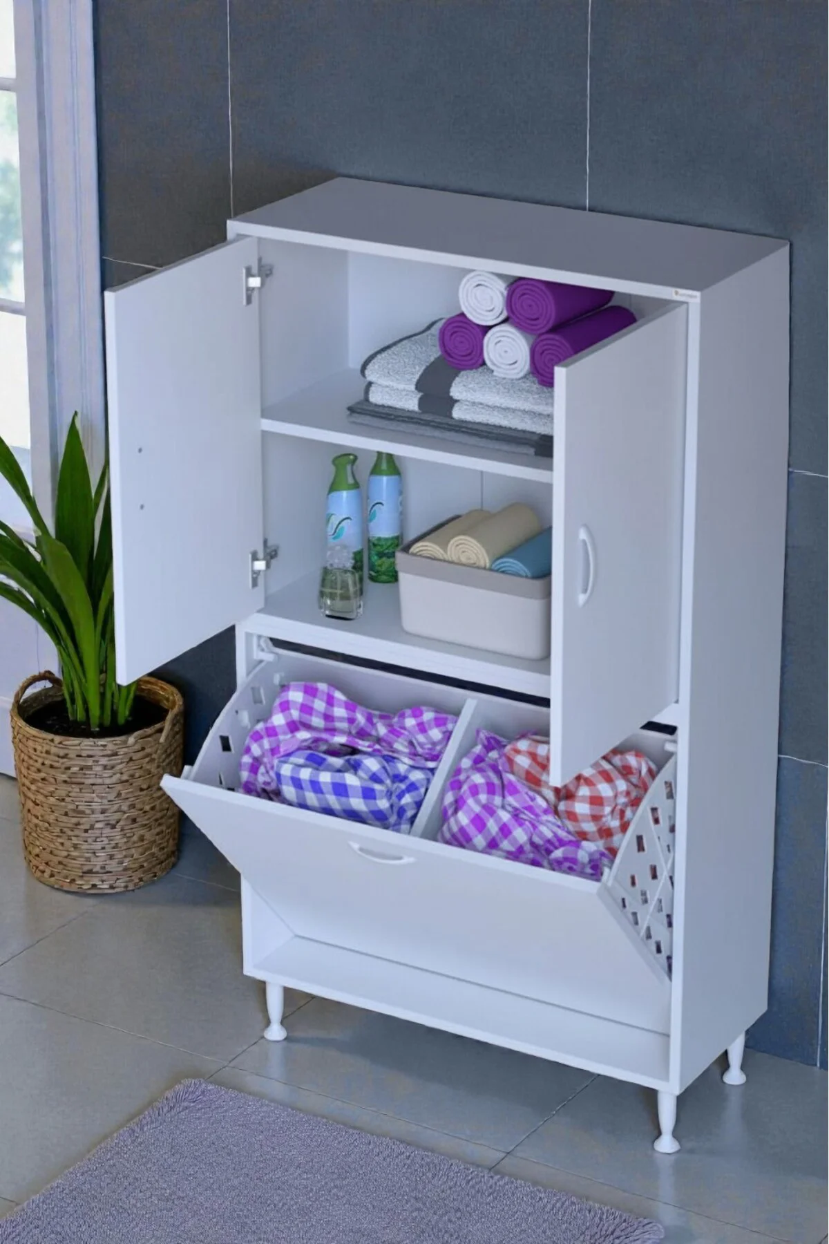 Miretta Üst Bölme Kapaklı Altı Kirli Sepetli Dolap 80 cm Genişlik