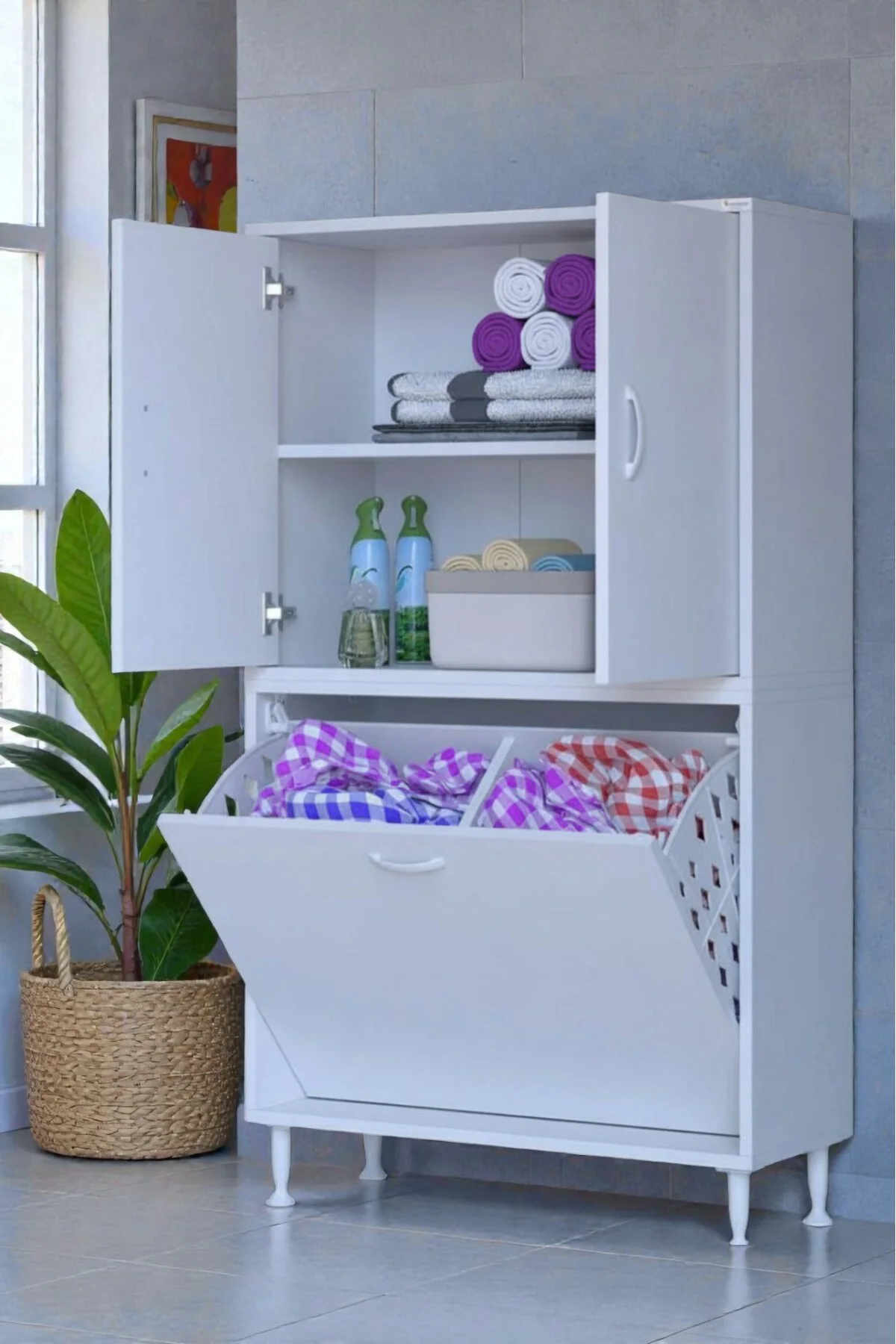 Miretta Üst Bölme Kapaklı Altı Kirli Sepetli Dolap 85 cm Genişlik