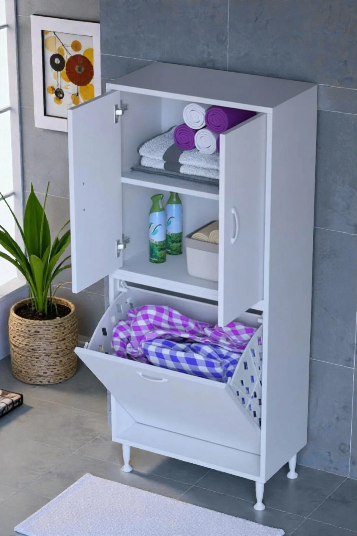 Miretta Üst Bölme Kapaklı Altı Kirli Sepetli Dolap 60 cm Genişlik