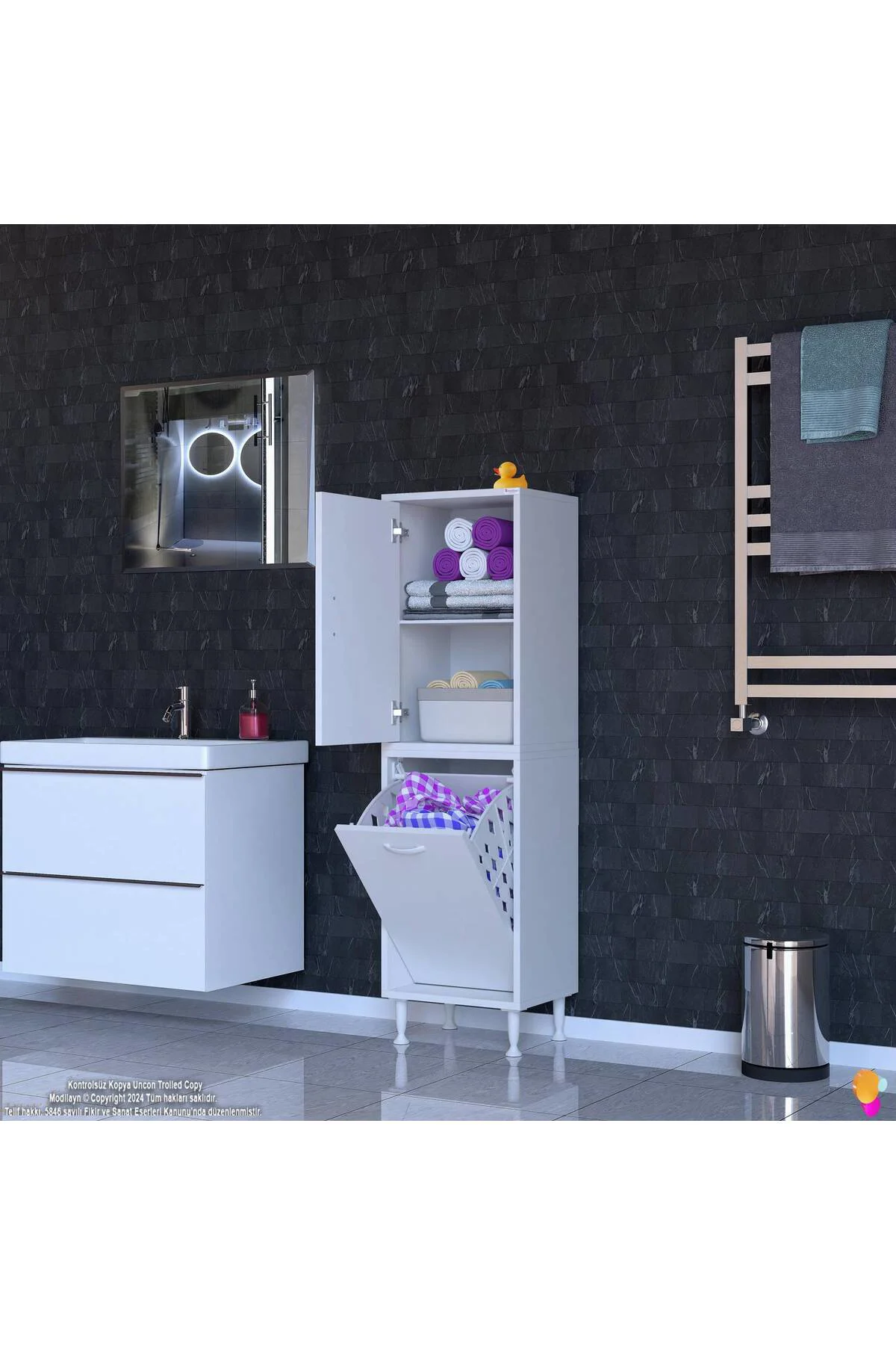 Miretta Üst Bölme Kapaklı Altı Kirli Sepetli Dolap 45 cm Genişlik