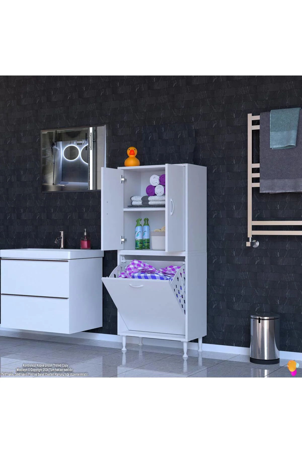 Miretta Üst Bölme Kapaklı Altı Kirli Sepetli Dolap 55 cm Genişlik