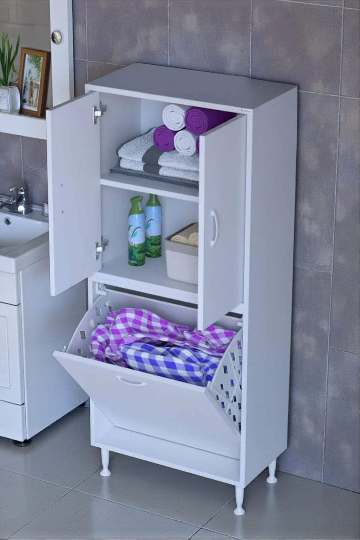 Miretta Üst Bölme Kapaklı Altı Kirli Sepetli Dolap 55 cm Genişlik