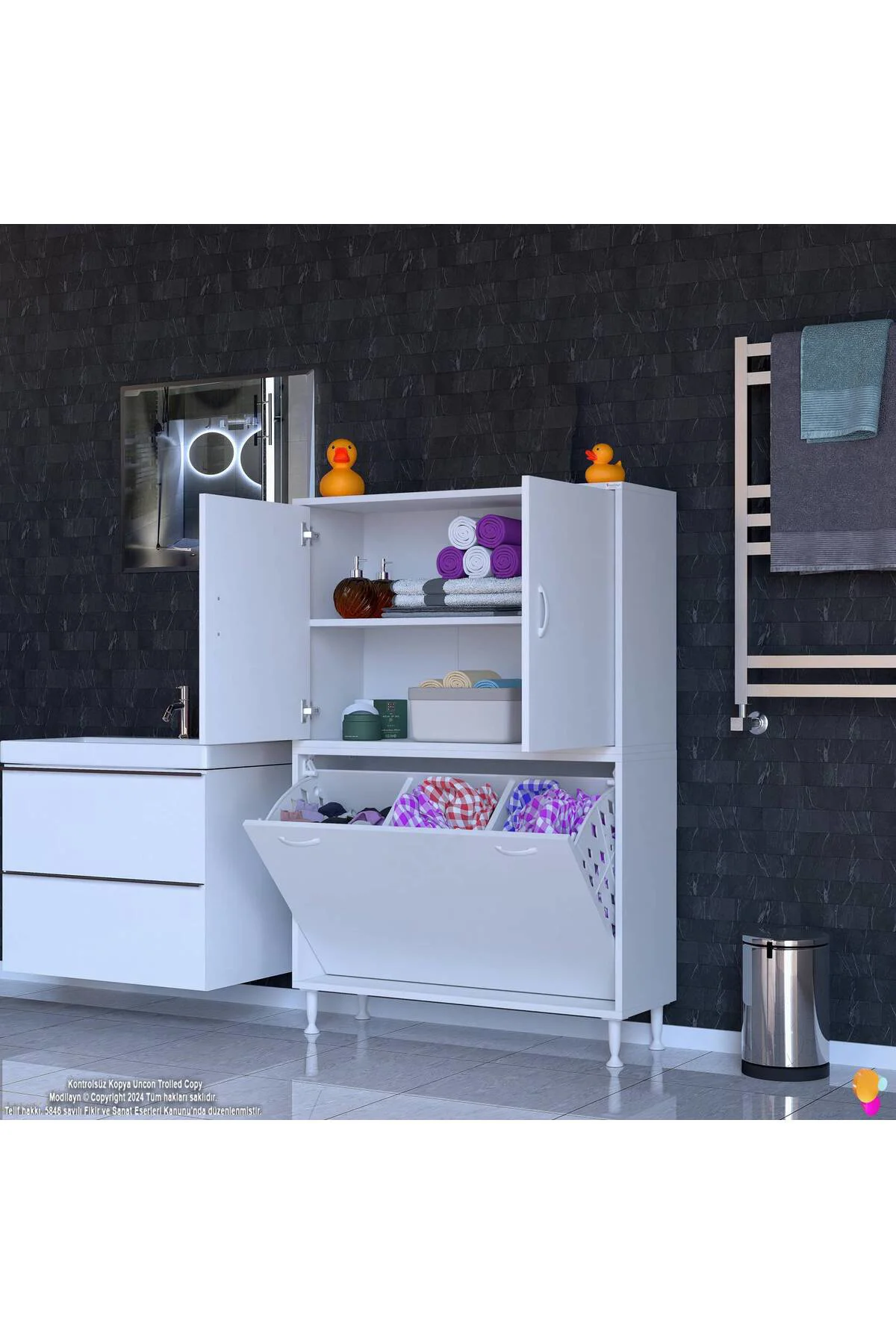 Miretta Üst Bölme Kapaklı Altı Kirli Sepetli Dolap 100 cm Genişli