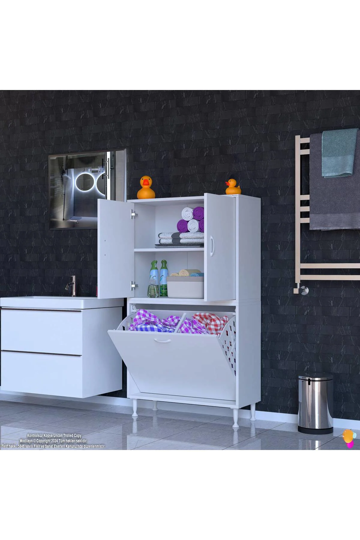 Miretta Üst Bölme Kapaklı Altı Kirli Sepetli Dolap 70 cm Genişlik