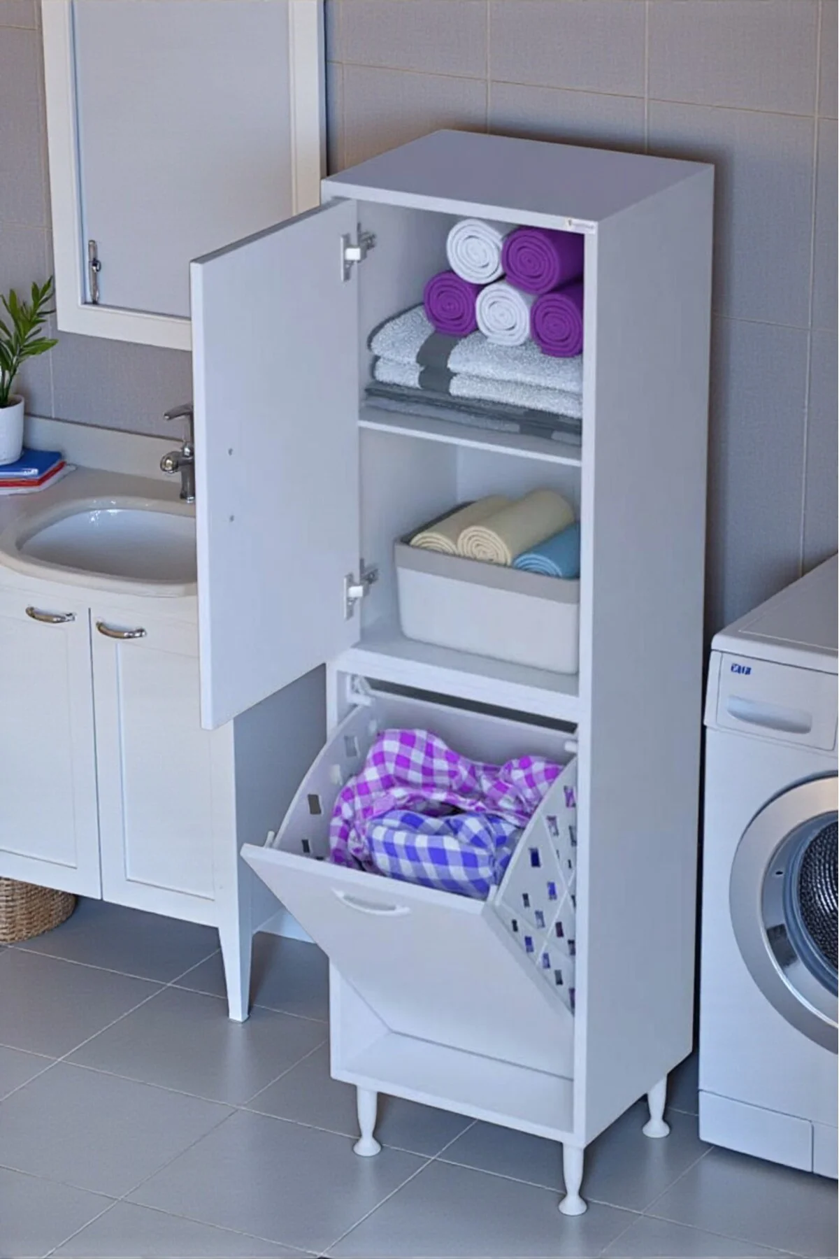 Miretta Üst Bölme Kapaklı Altı Kirli Sepetli Dolap 35 cm Genişlik