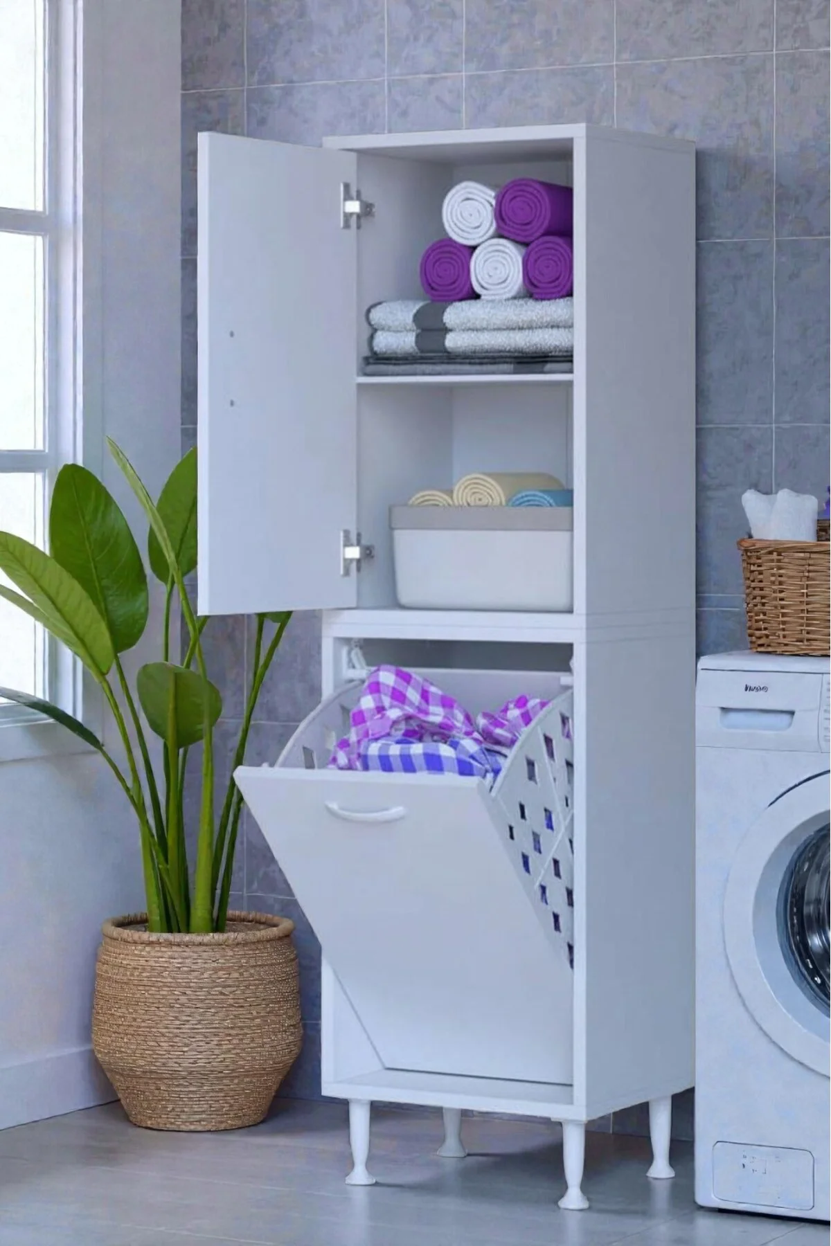 Miretta Üst Bölme Kapaklı Altı Kirli Sepetli Dolap 40 cm Genişlik