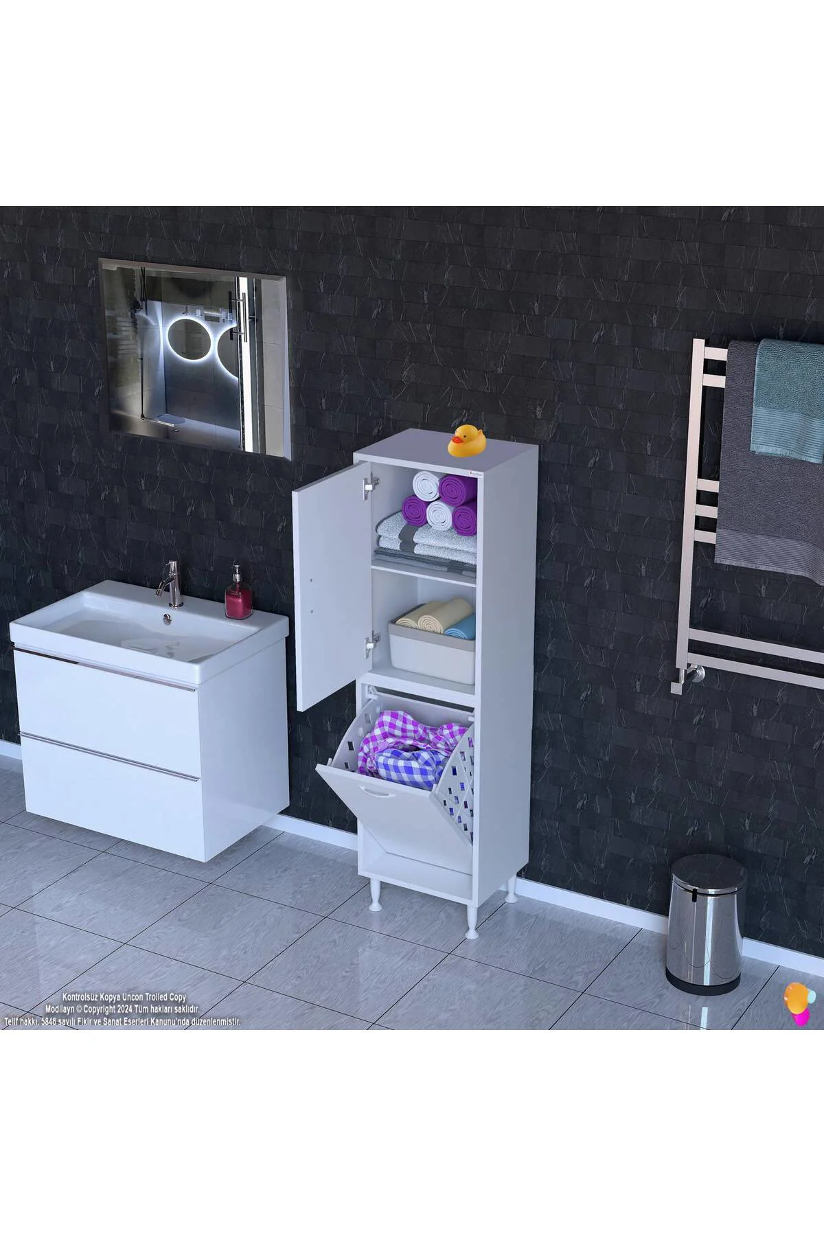 Miretta Üst Bölme Kapaklı Altı Kirli Sepetli Dolap 35 cm Genişlik