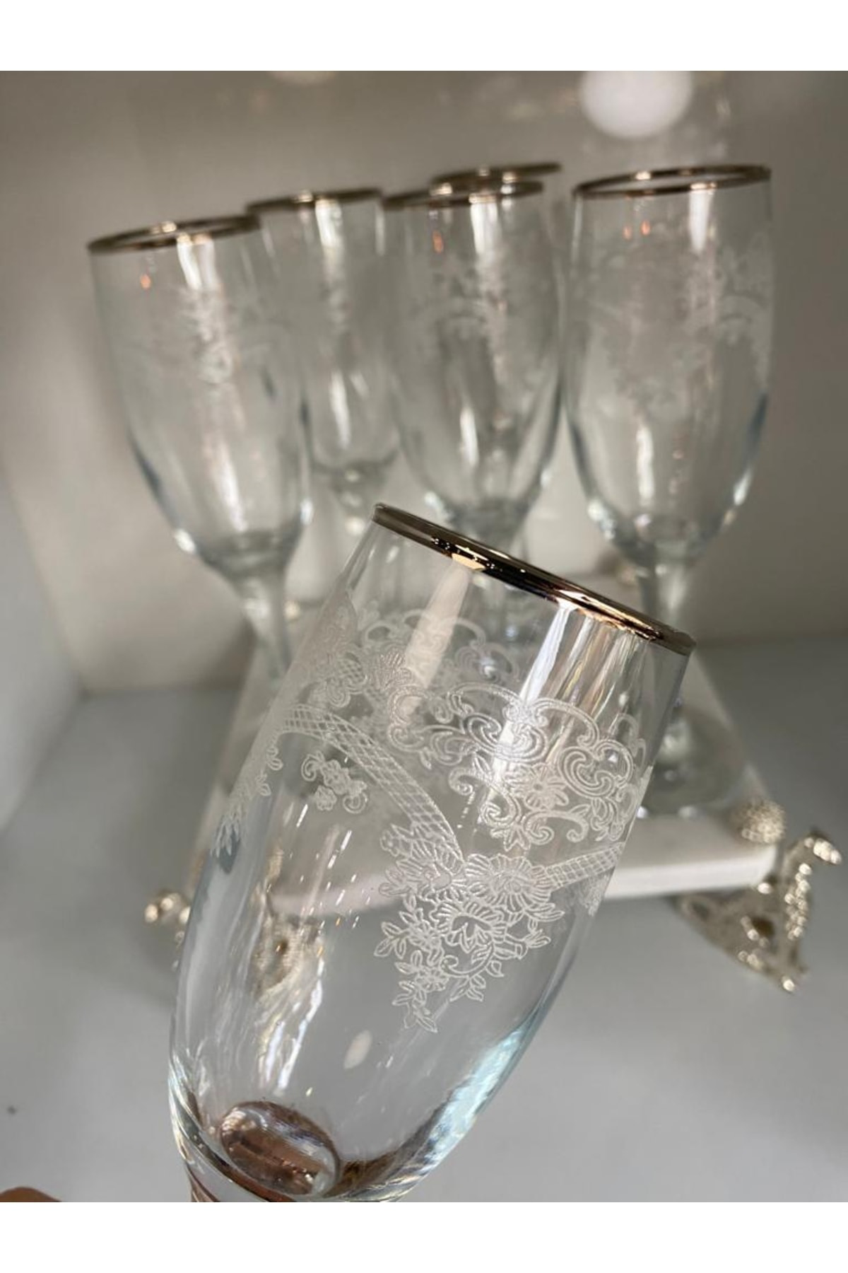 Elif Aksesuar Misket 6 Lı Gümüş Yaldızlı Desenli Kadeh