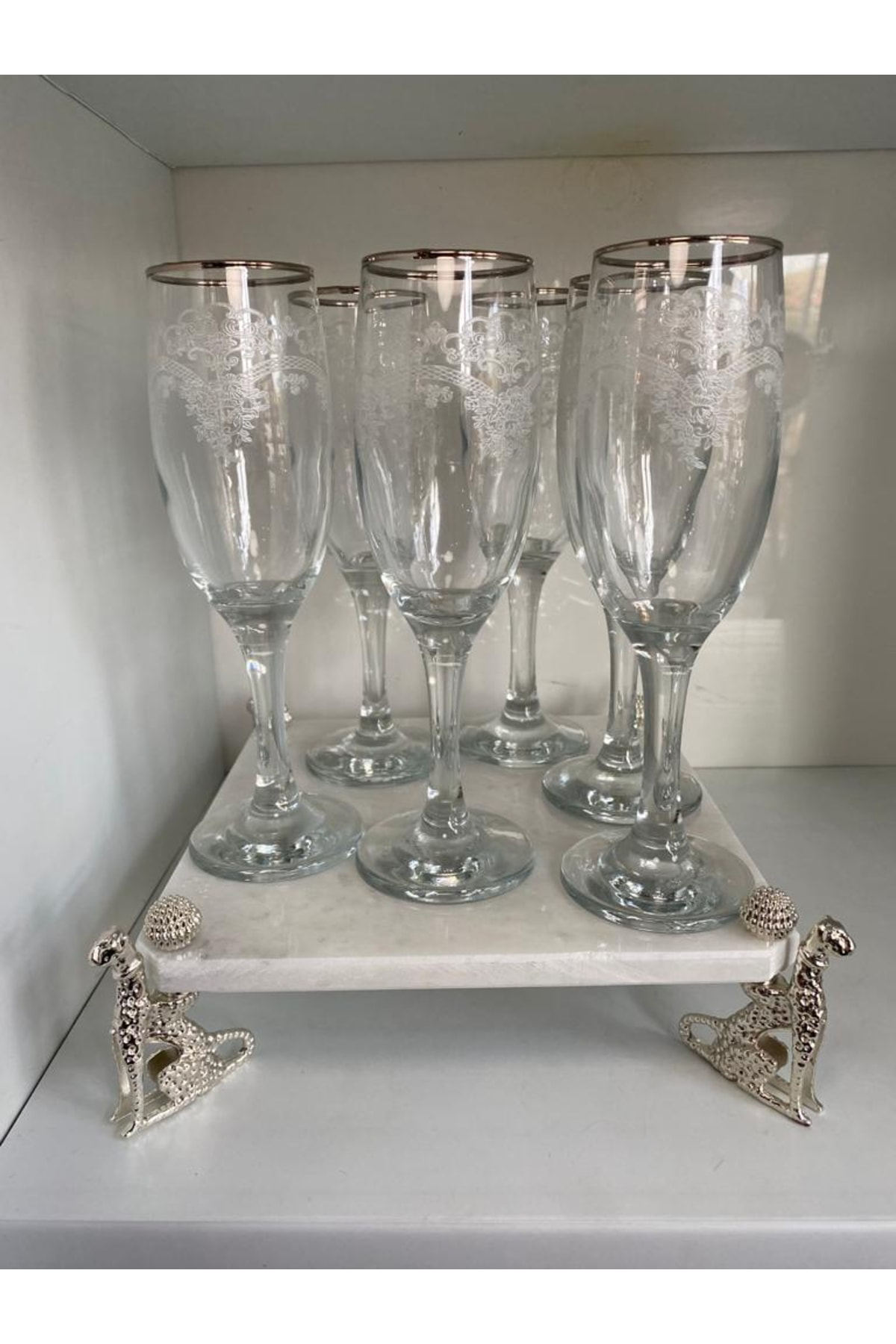 Elif Aksesuar Misket 6 Lı Gümüş Yaldızlı Desenli Kadeh