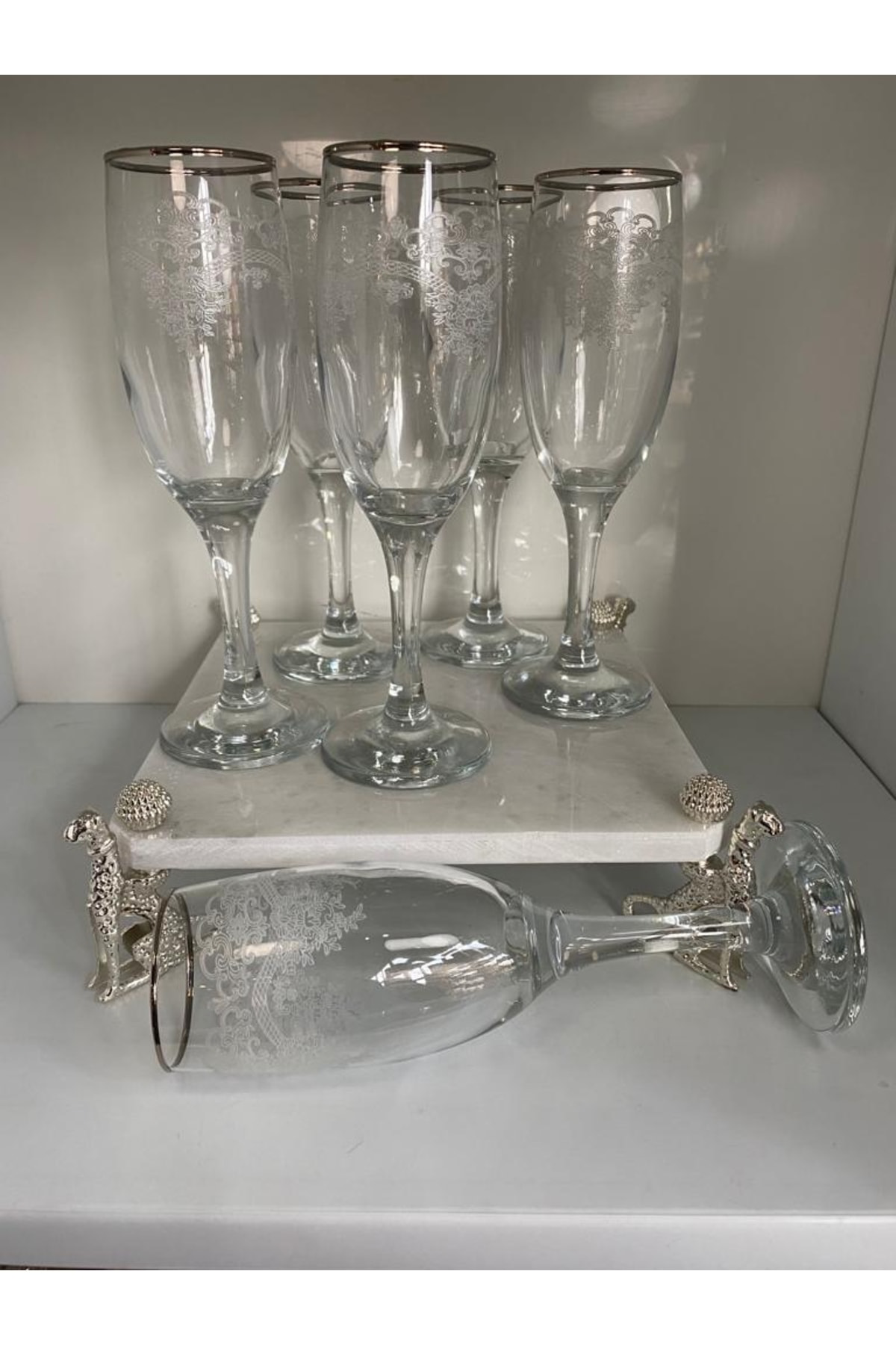 Elif Aksesuar Misket 6 Lı Gümüş Yaldızlı Desenli Kadeh