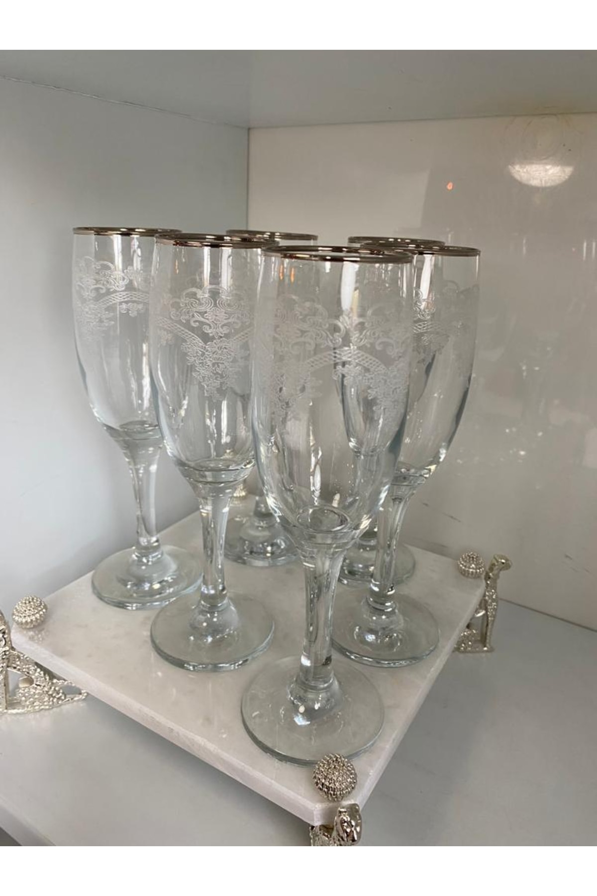 Elif Aksesuar Misket 6 Lı Gümüş Yaldızlı Desenli Kadeh