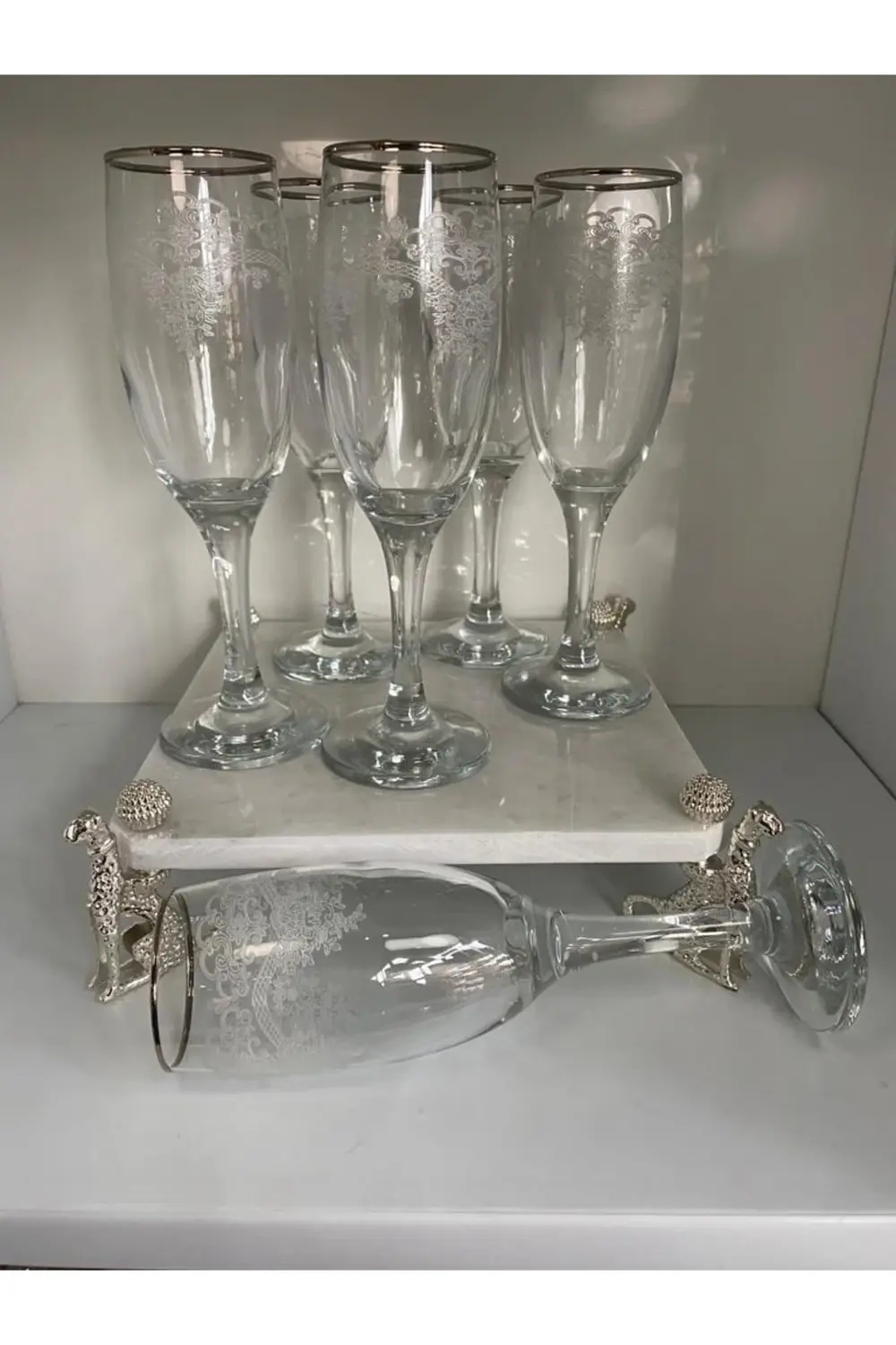 Misket 6 Lı Gümüş Yaldızlı Desenli Kadeh