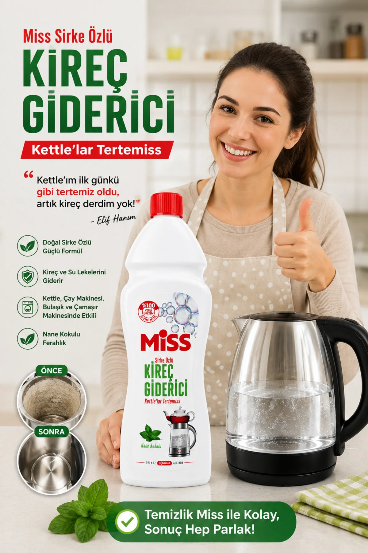 Miss Sirke Özlü Kireç Giderici Nane Kokulu 1 L – Kettle, Çay Makinesi, Banyo, Mutfak ve Cam Yüzey Temizleyici