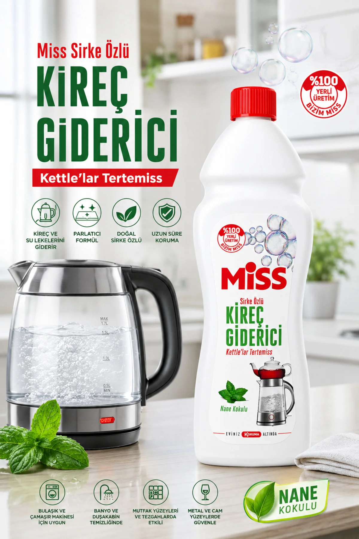 Miss Sirke Özlü Kireç Giderici Nane Kokulu 1 L – Kettle, Çay Makinesi, Banyo, Mutfak ve Cam Yüzey Temizleyici
