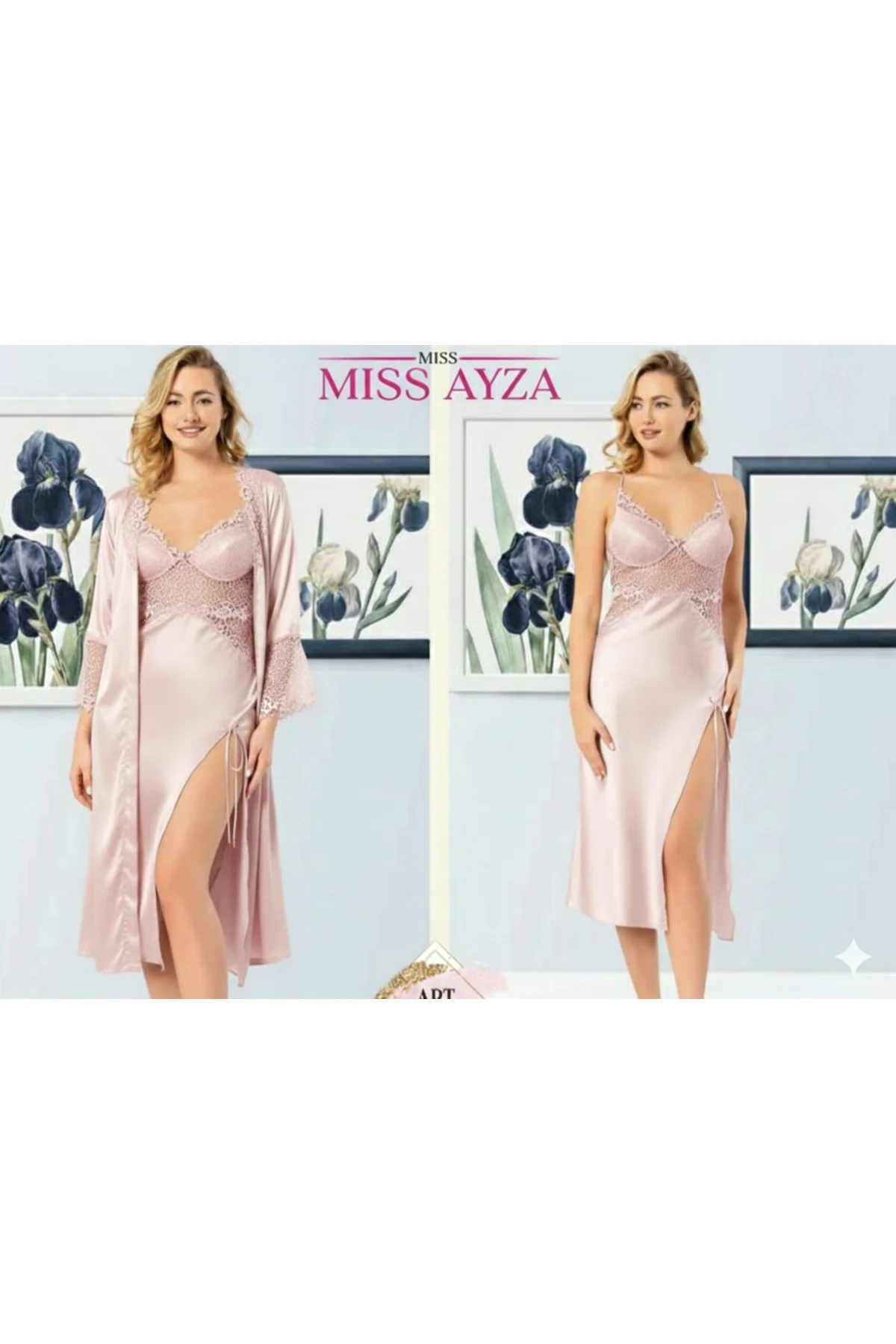 MissAyza 1020 İPEK SATEN 6'LI UZUN GECELİK ve SABAHLIK TAKIM