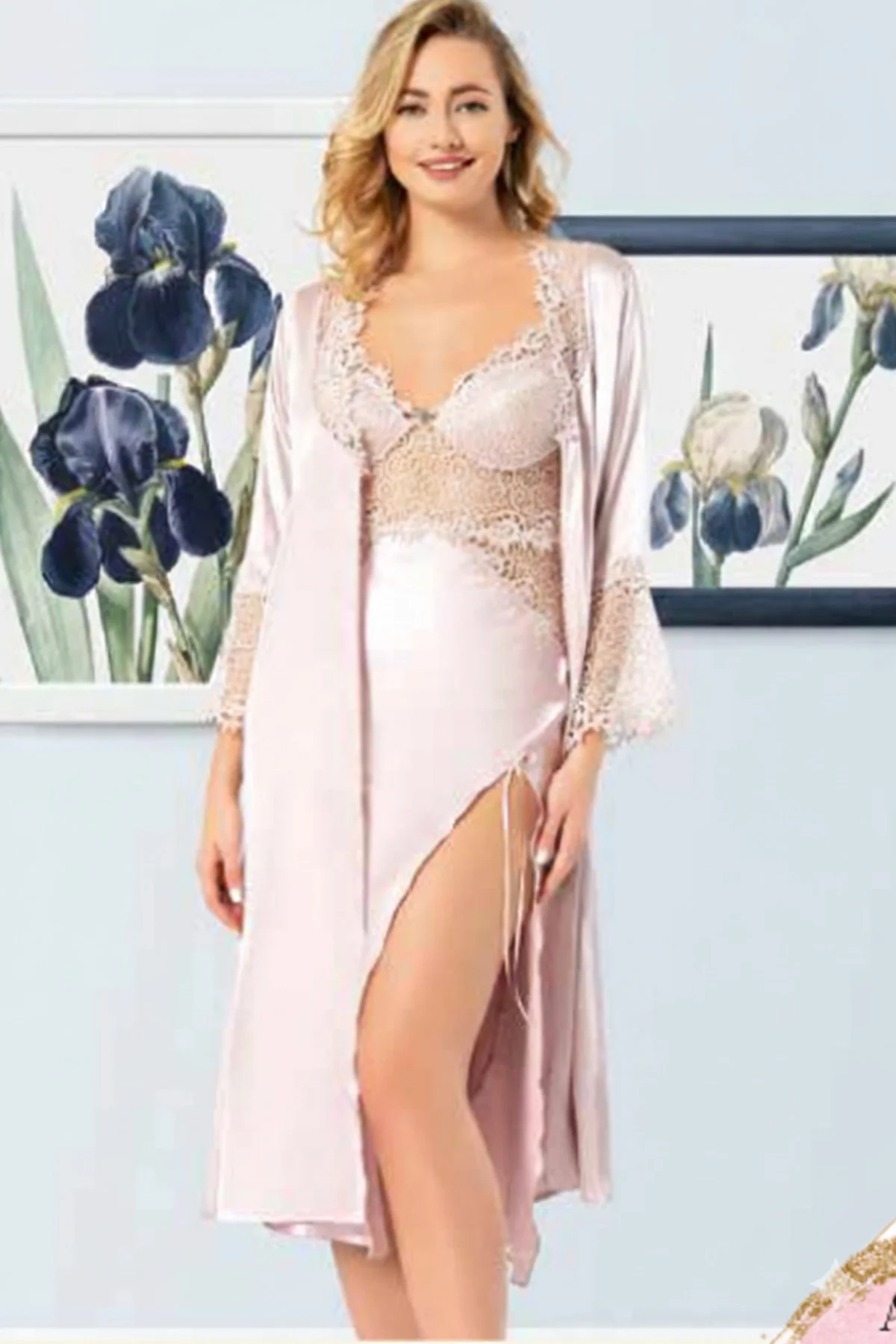 MissAyza 1020 İPEK SATEN 6'LI UZUN GECELİK ve SABAHLIK TAKIM