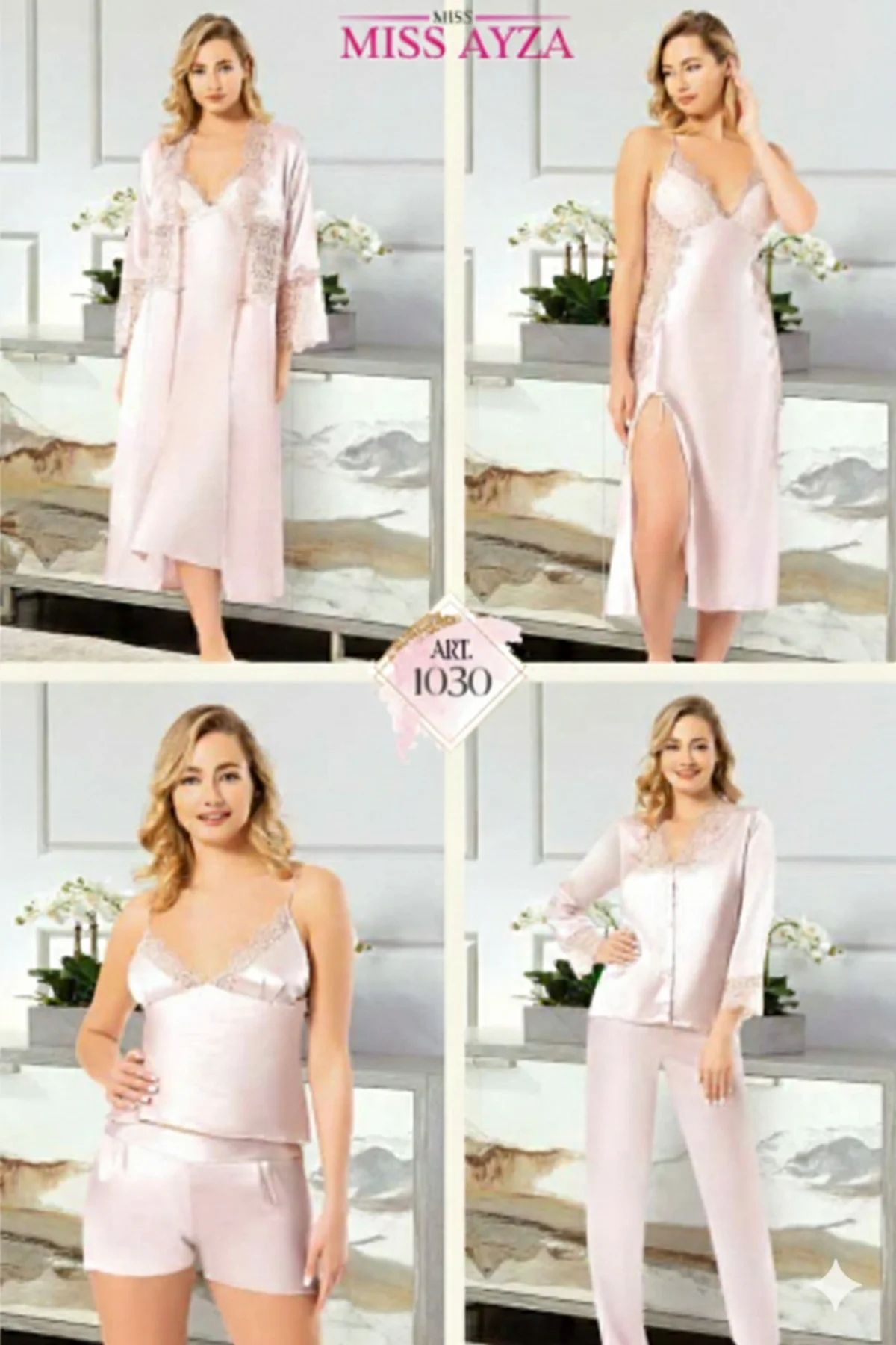 MissAyza 1030 İPEK SATEN 6'LI UZUN GECELİK ve SABAHLIK TAKIM