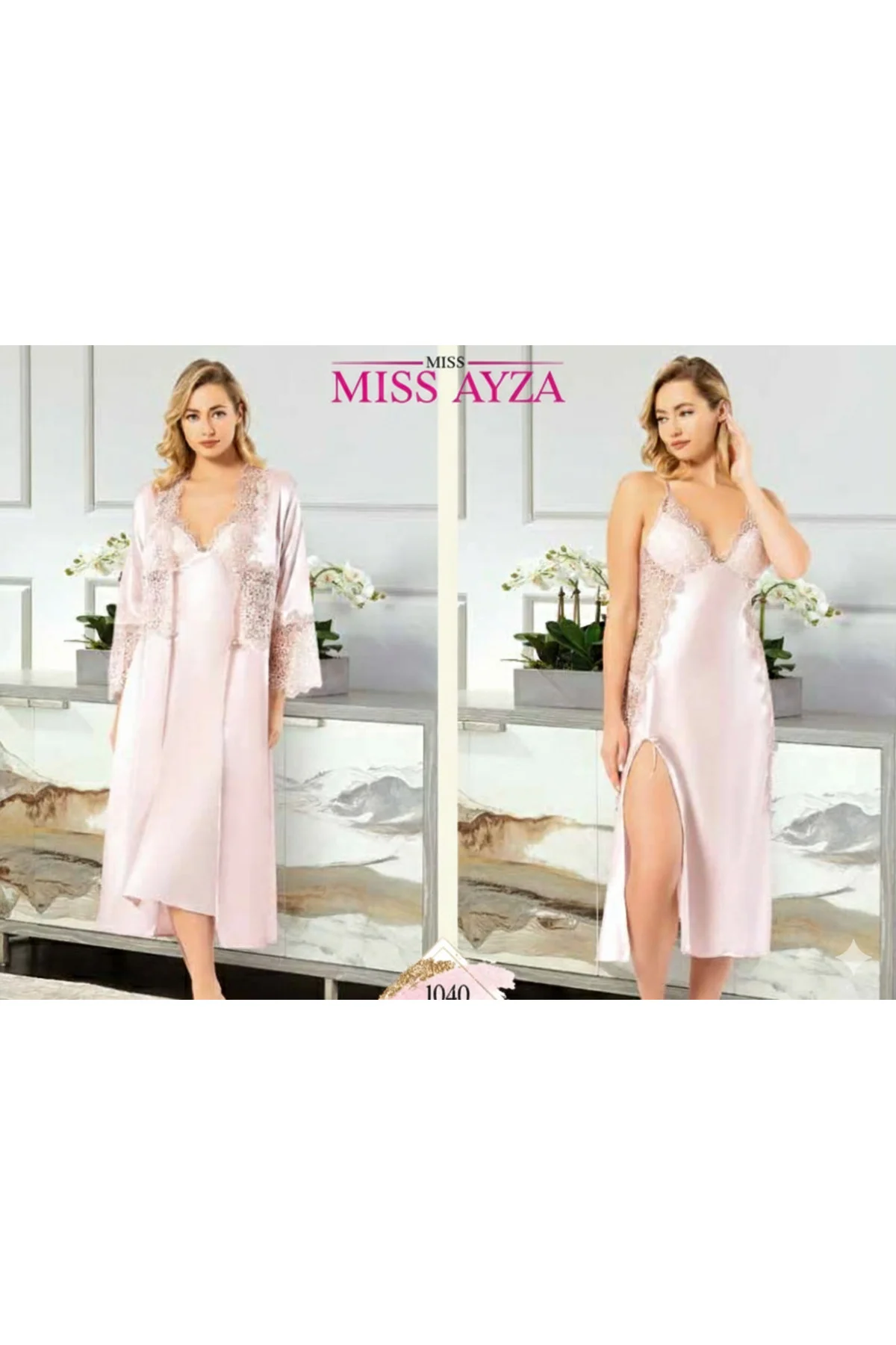 MissAyza 1030 İPEK SATEN 6'LI UZUN GECELİK ve SABAHLIK TAKIM