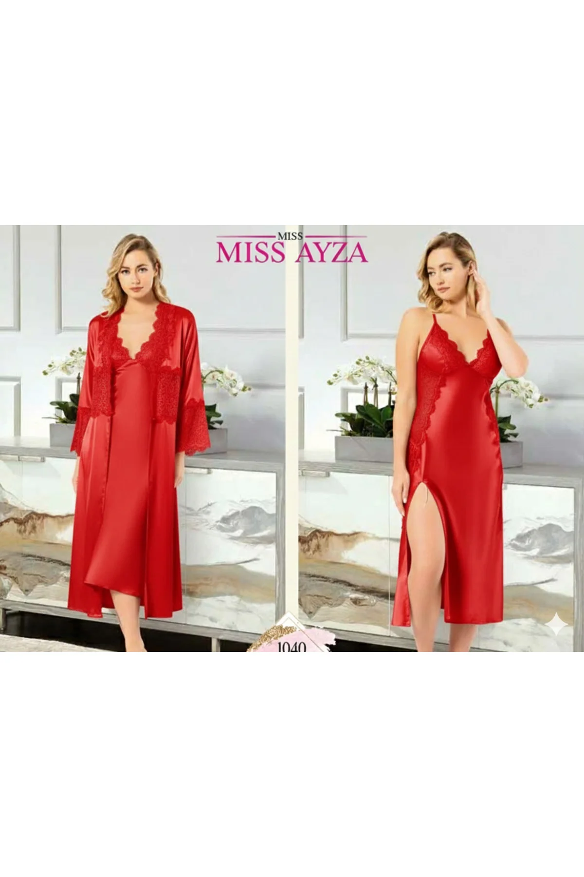 MissAyza 1030 İPEK SATEN 6'LI UZUN GECELİK ve SABAHLIK TAKIM