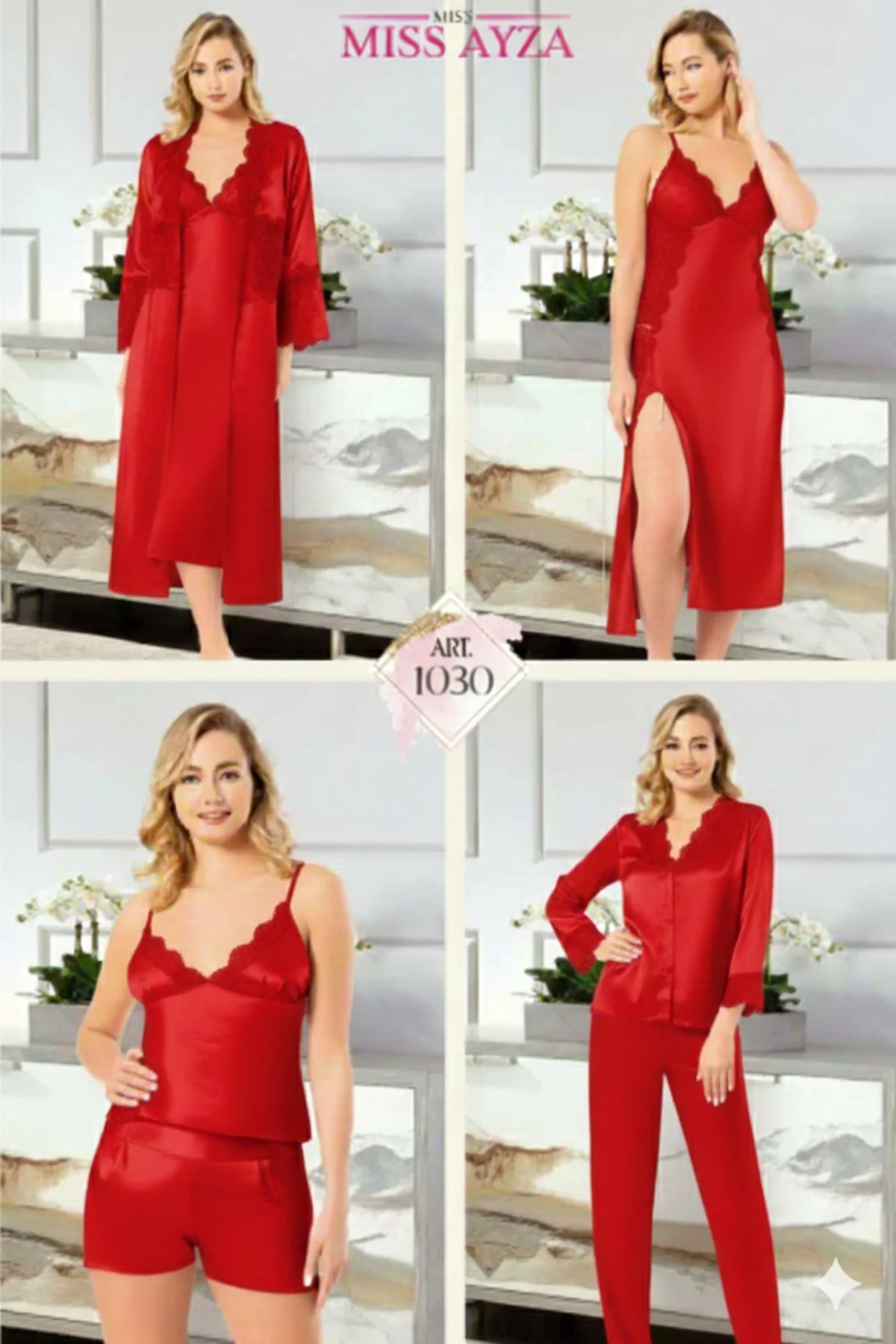 MissAyza 1030 İPEK SATEN 6'LI UZUN GECELİK ve SABAHLIK TAKIM