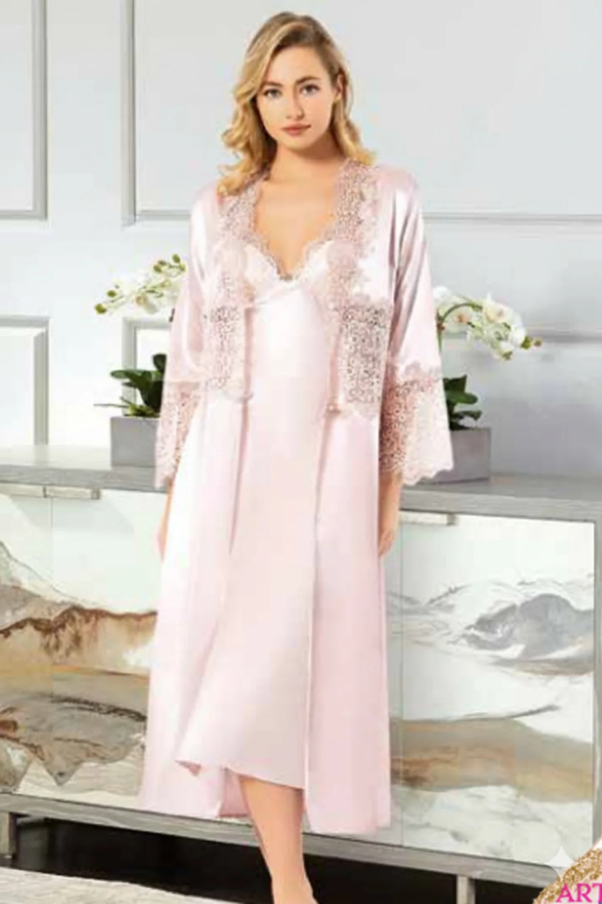 MissAyza 1030 İPEK SATEN 6'LI UZUN GECELİK ve SABAHLIK TAKIM