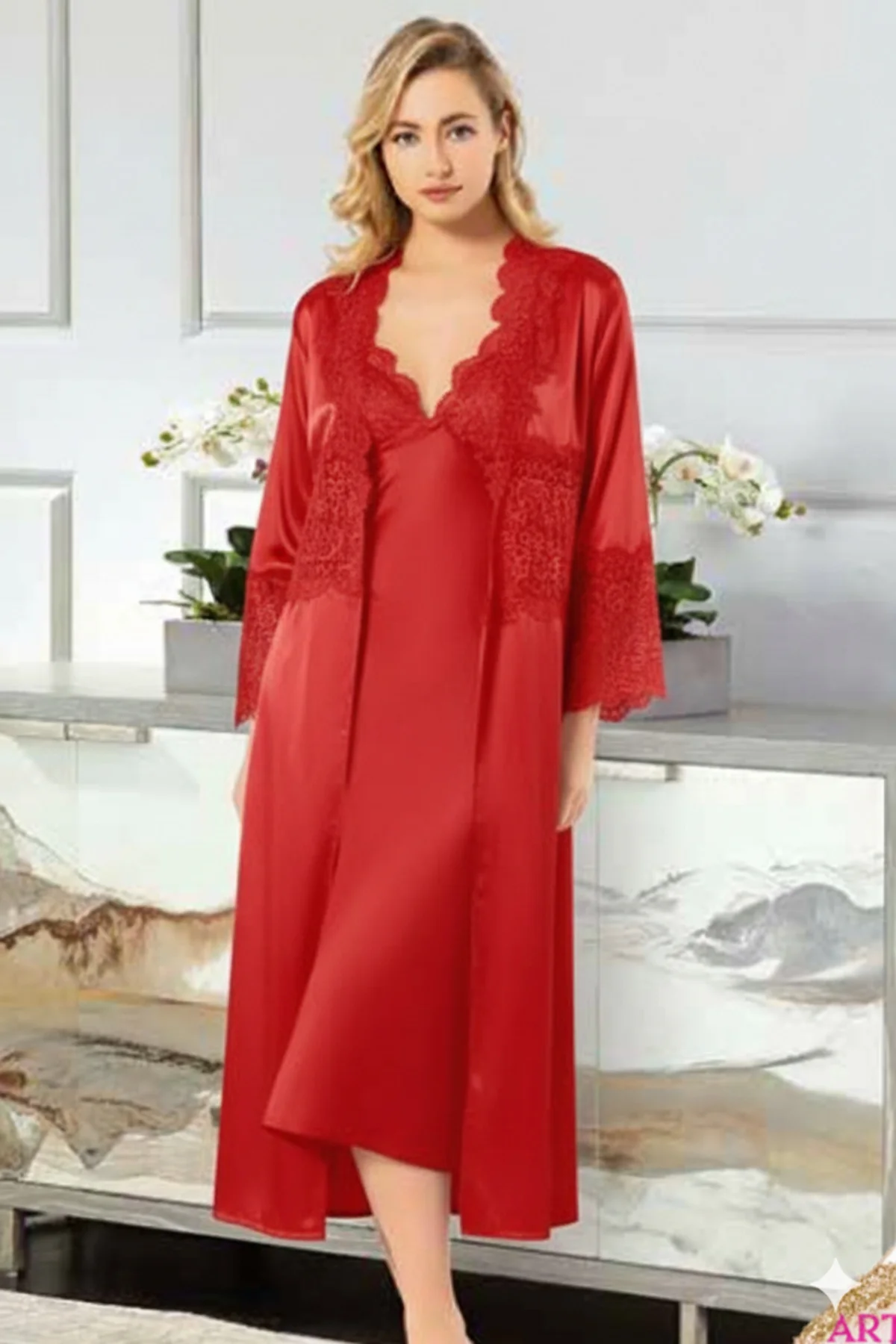 MissAyza 1030 İPEK SATEN 6'LI UZUN GECELİK ve SABAHLIK TAKIM