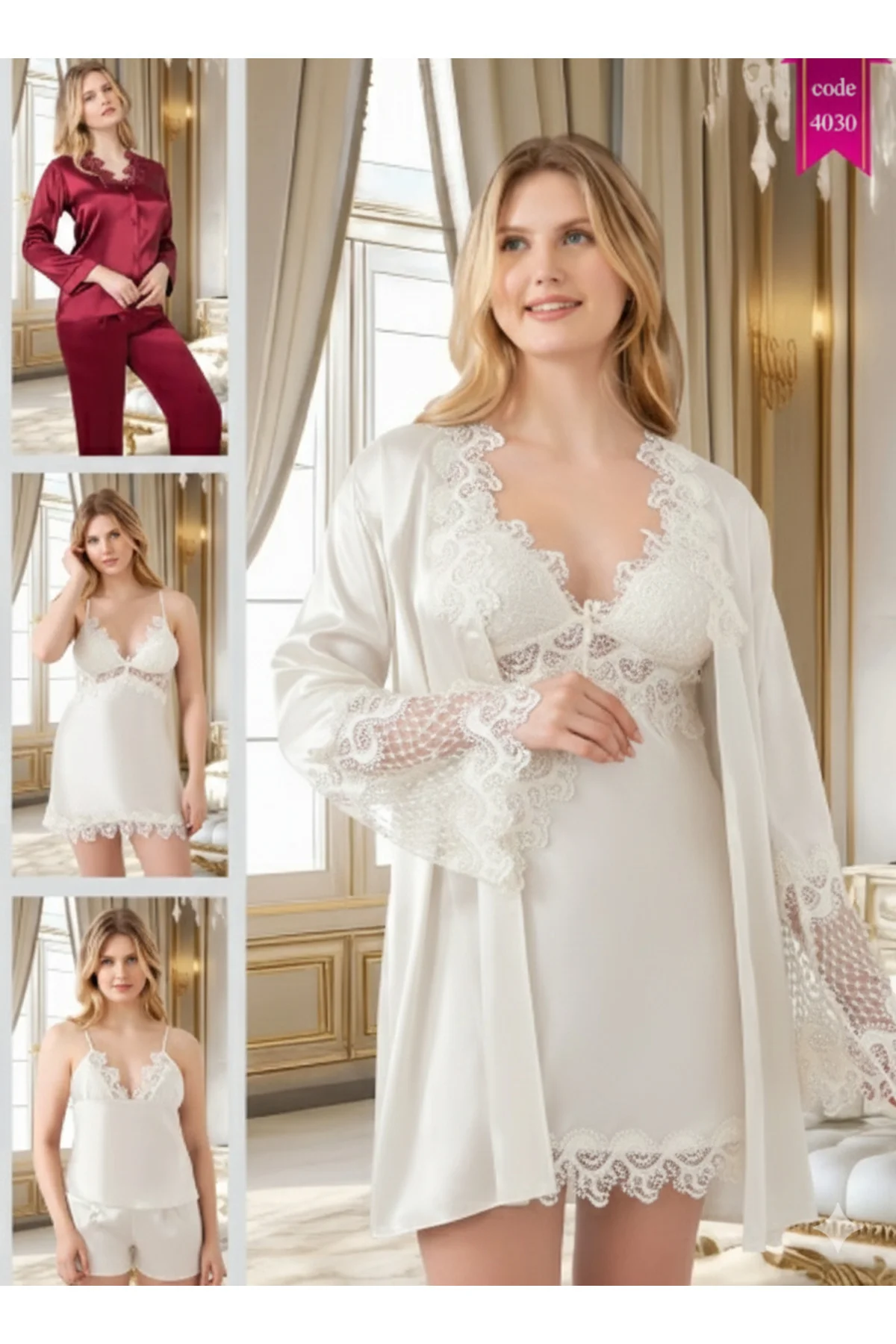 MissAyza 4030 İPEK SATEN 6'LI KISA GECELİK ve SABAHLIK ÇEYİZ SETİ