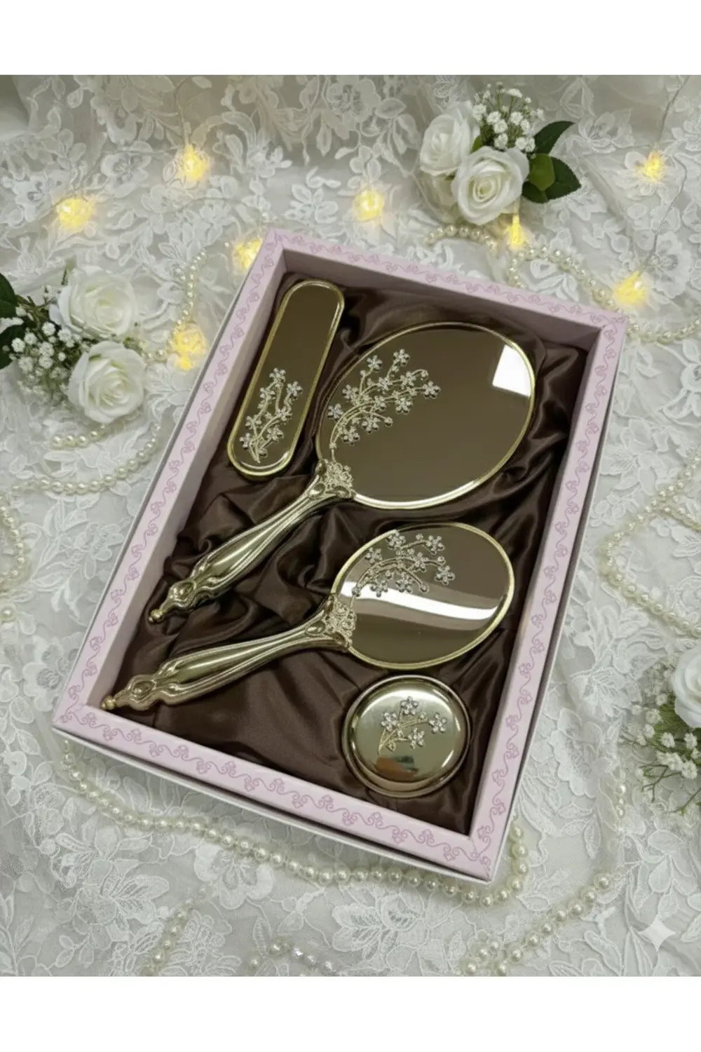 MissAyza Bahar Dalı Serisi 4’lü Lüks Çeyizlik Ayna & Fırça Seti -