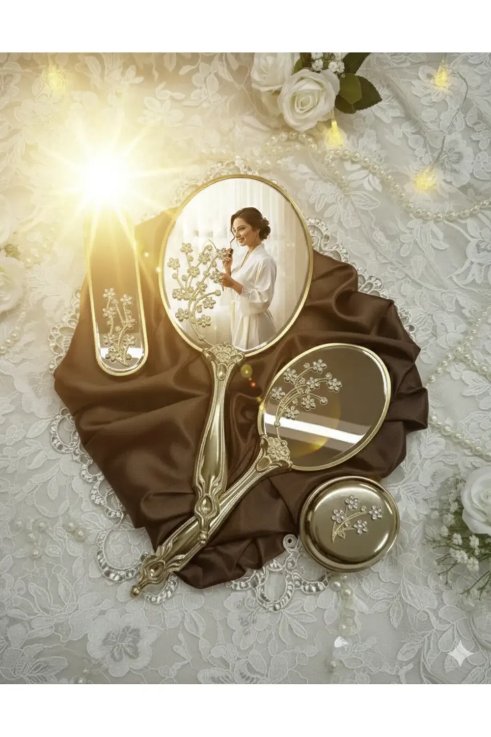 MissAyza Bahar Dalı Serisi 4’lü Lüks Çeyizlik Ayna & Fırça Seti -